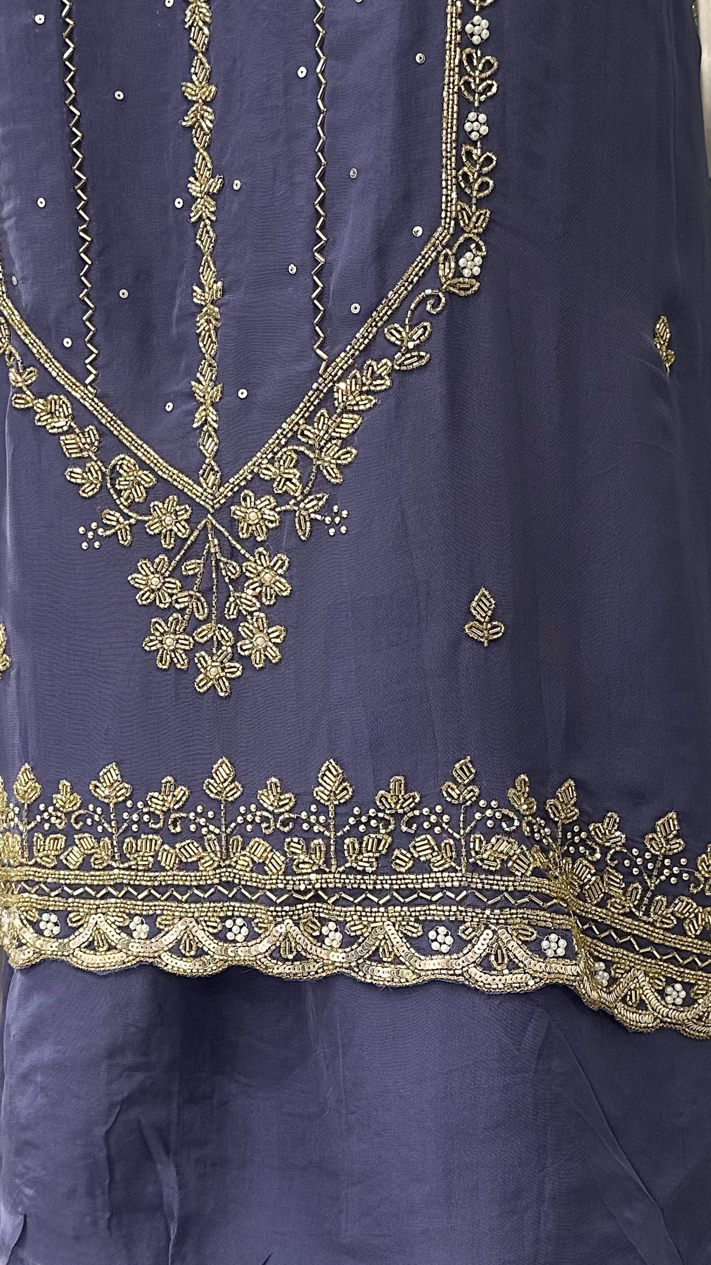 Lavender Organza Unstitched Churidar Set with Antique Cut Beads & Sequin Handwork Dupatta