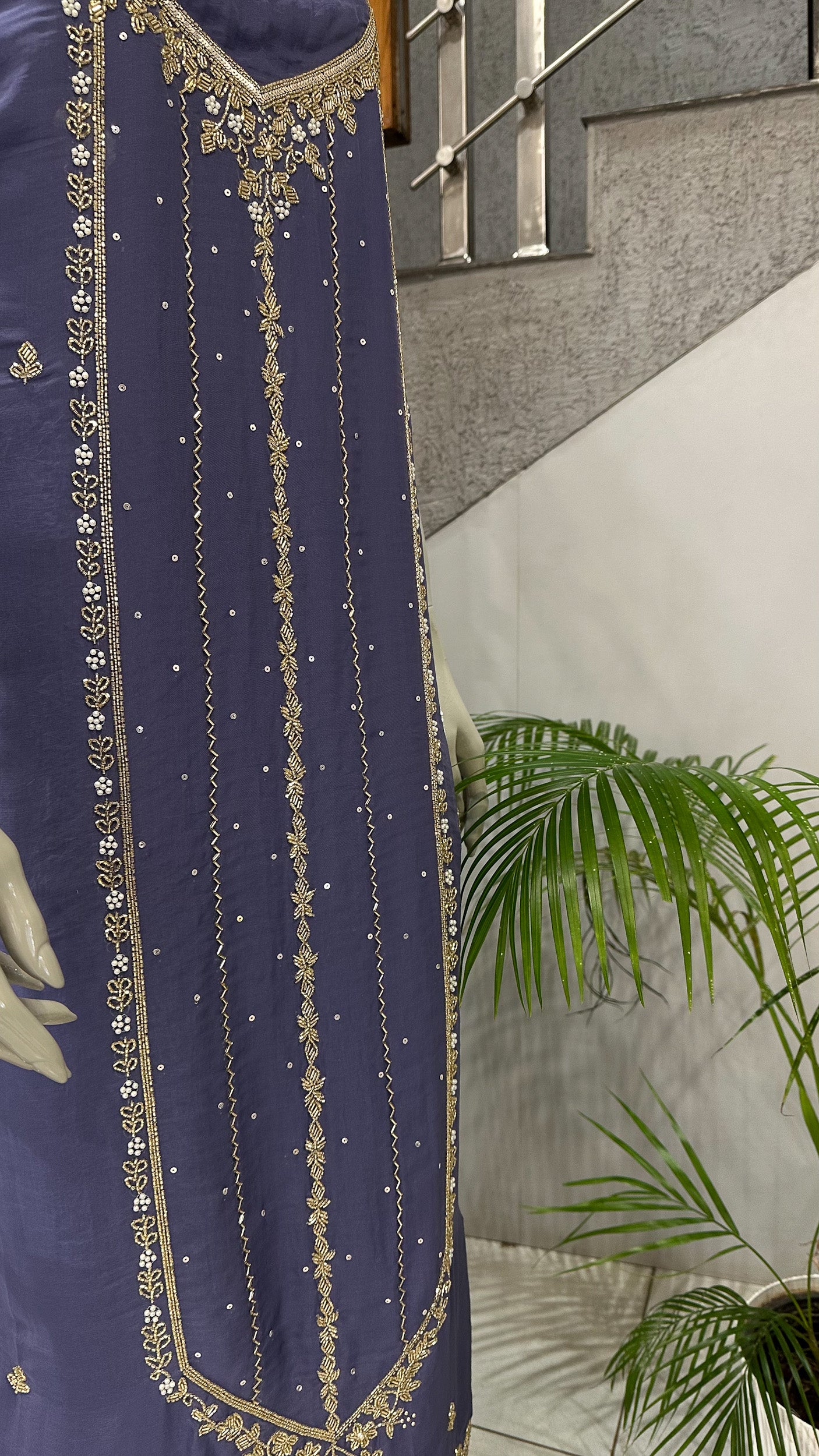 Lavender Organza Unstitched Churidar Set with Antique Cut Beads & Sequin Handwork Dupatta