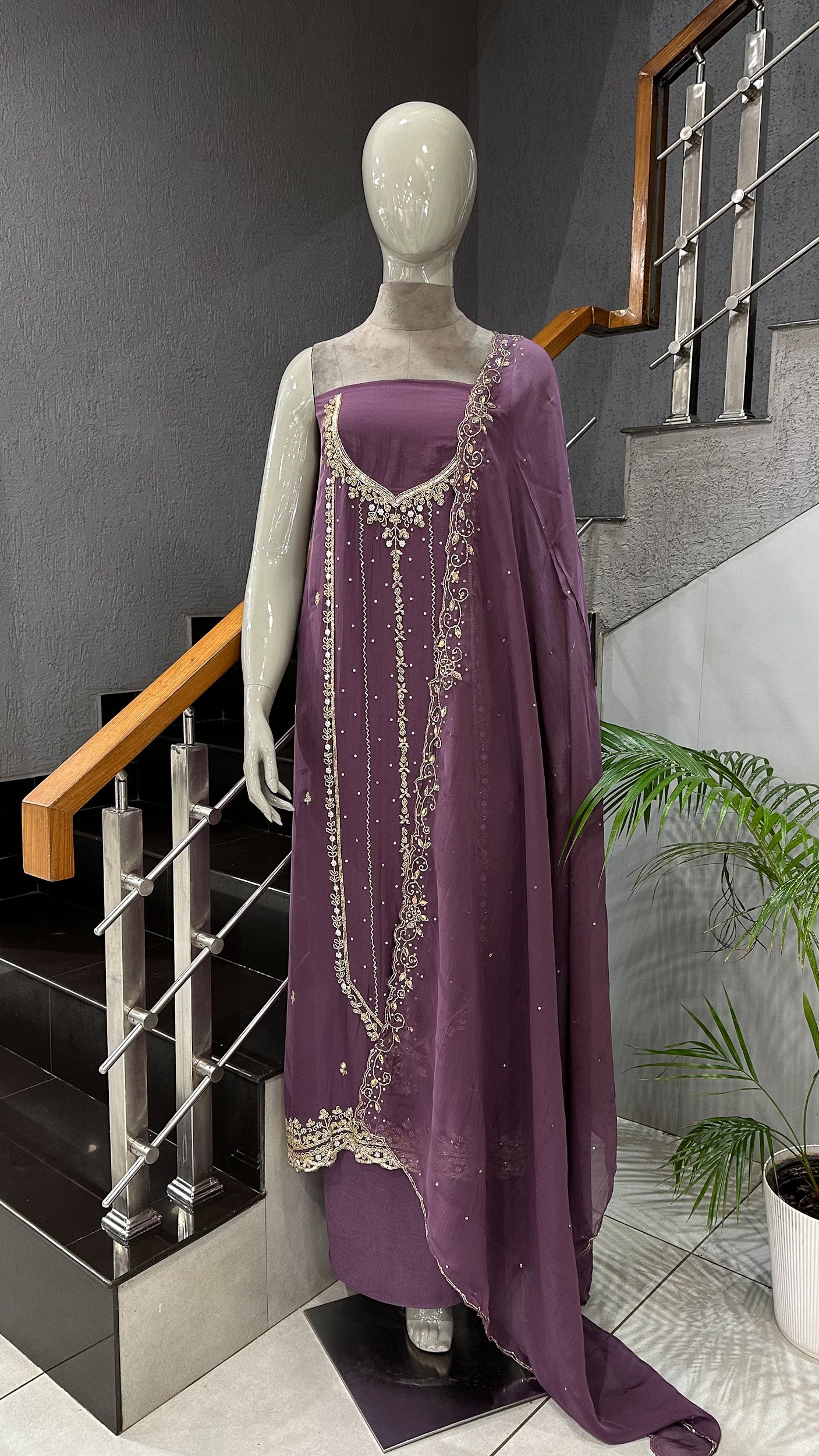 Wine Mauve Organza Unstitched Churidar Set with Antique Cut Beads & Sequin Handwork Dupatta
