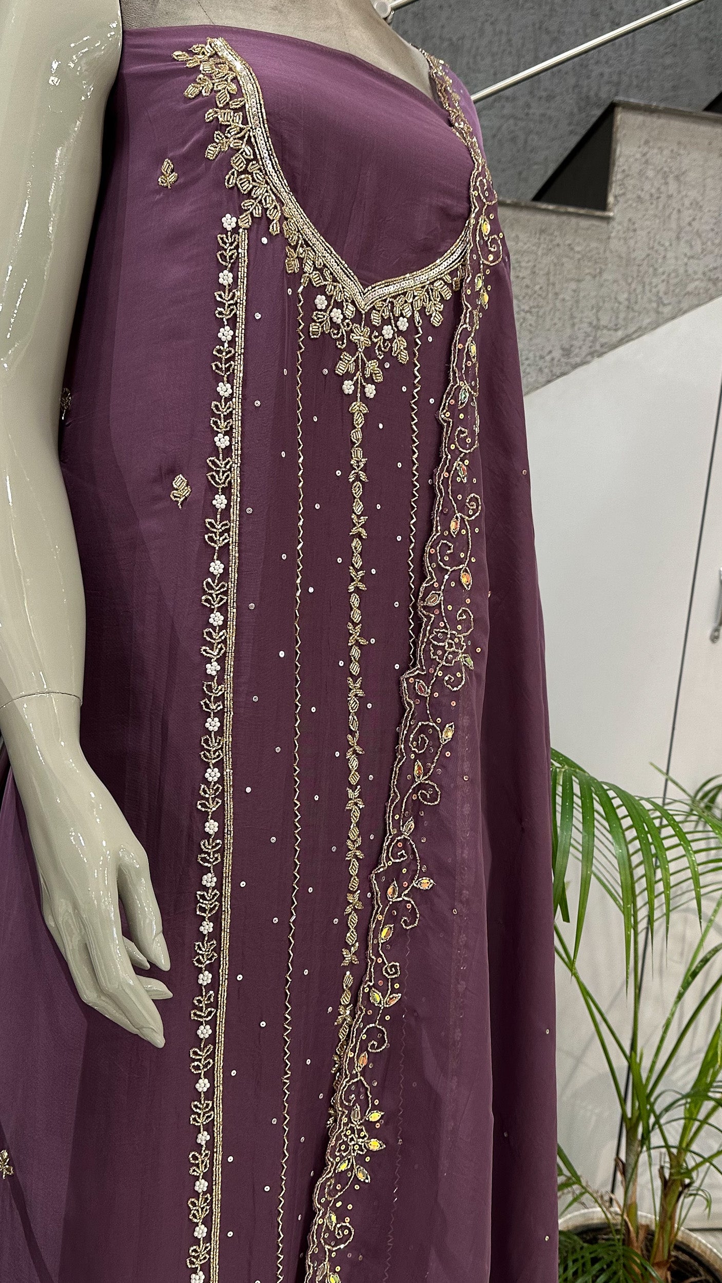 Wine Mauve Organza Unstitched Churidar Set with Antique Cut Beads & Sequin Handwork Dupatta