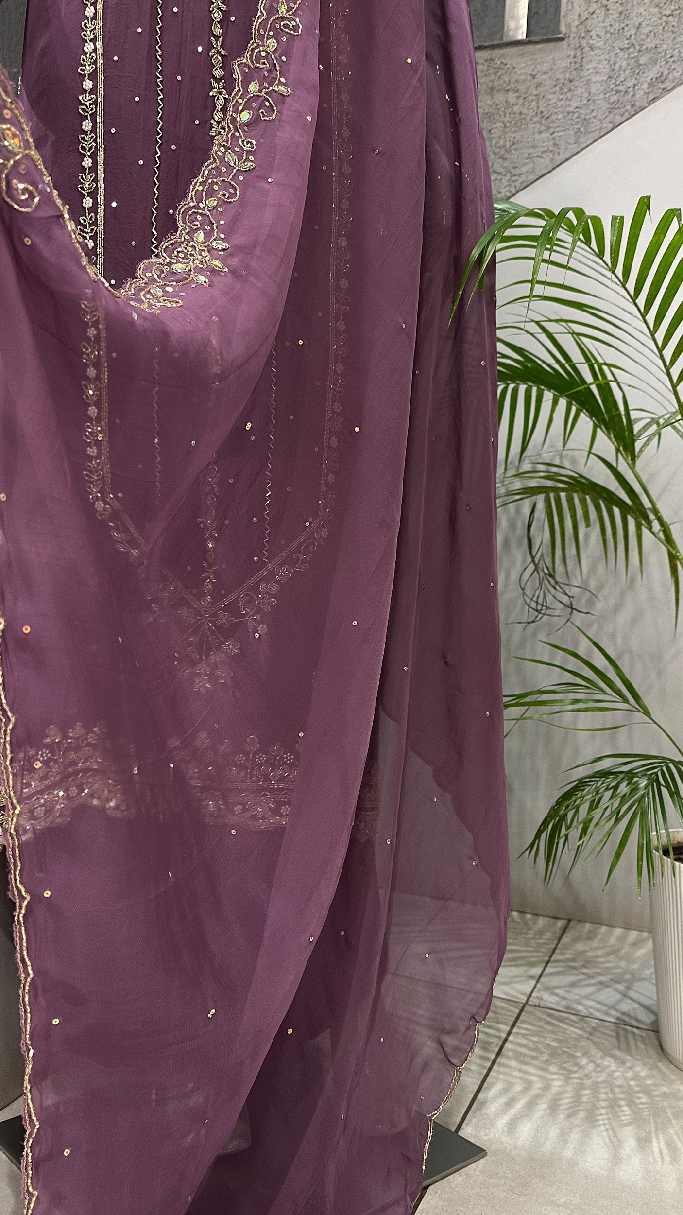 Wine Mauve Organza Unstitched Churidar Set with Antique Cut Beads & Sequin Handwork Dupatta