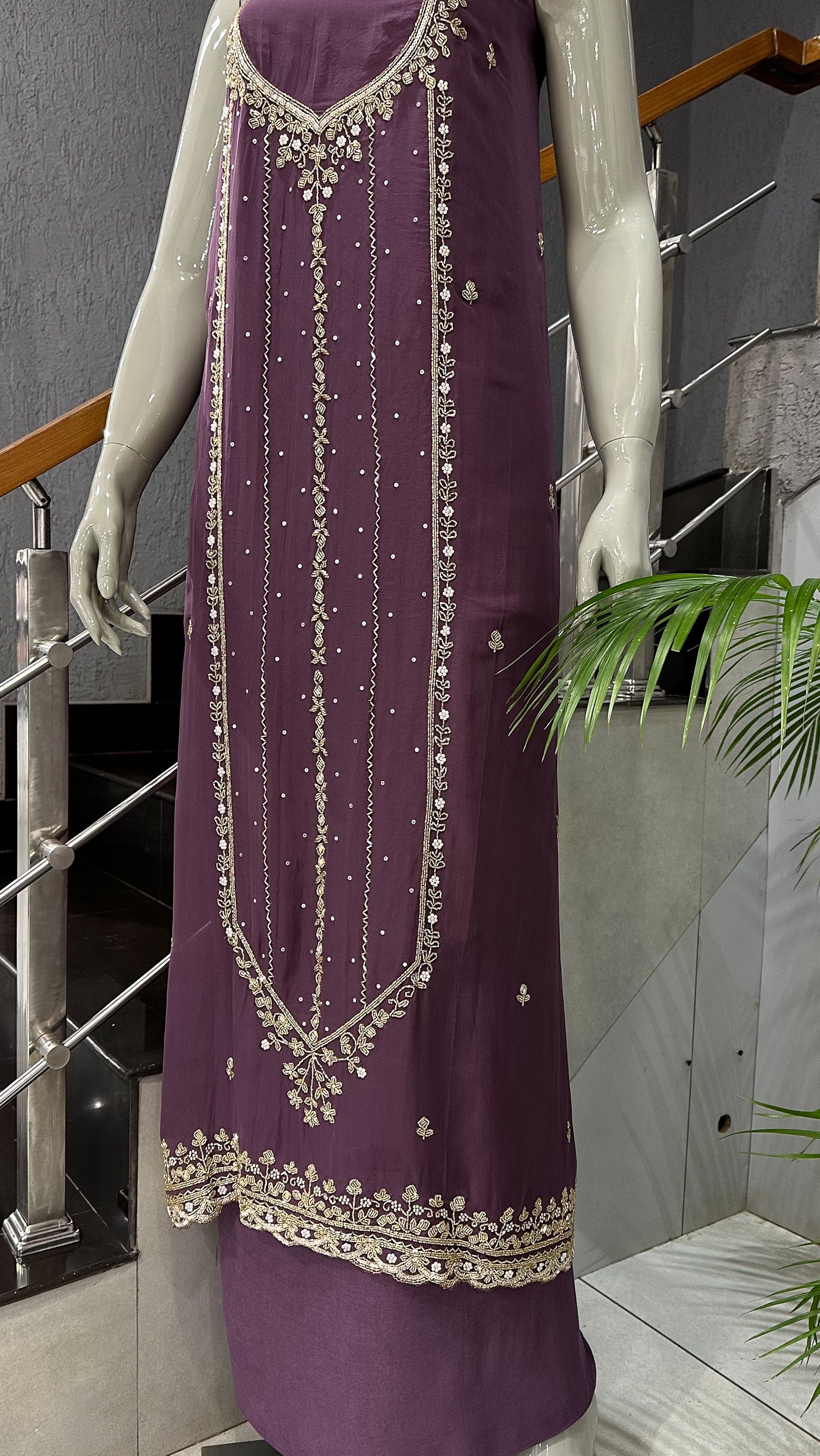 Wine Mauve Organza Unstitched Churidar Set with Antique Cut Beads & Sequin Handwork Dupatta