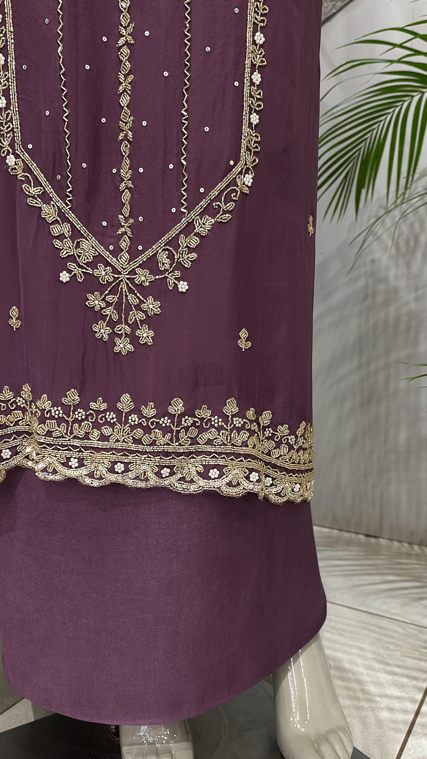 Wine Mauve Organza Unstitched Churidar Set with Antique Cut Beads & Sequin Handwork Dupatta