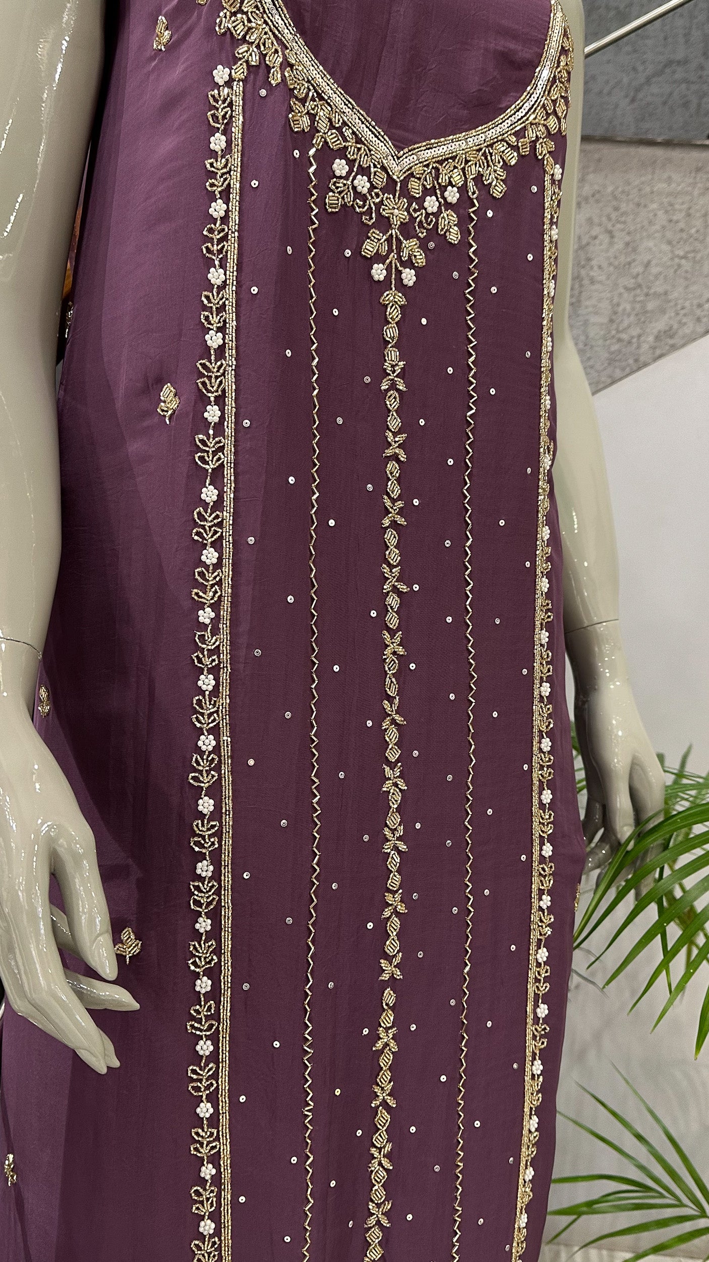 Wine Mauve Organza Unstitched Churidar Set with Antique Cut Beads & Sequin Handwork Dupatta