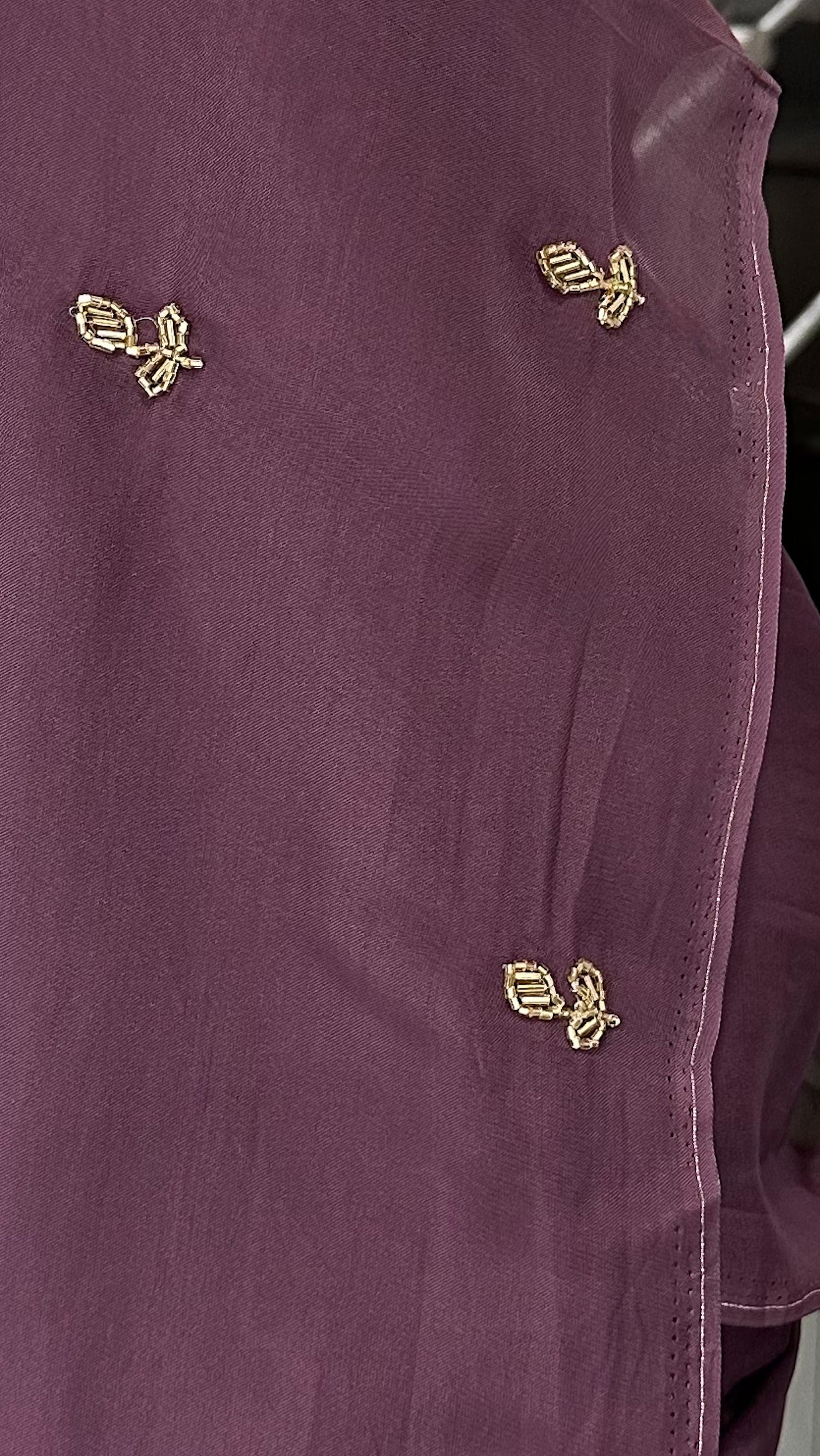 Wine Mauve Organza Unstitched Churidar Set with Antique Cut Beads & Sequin Handwork Dupatta