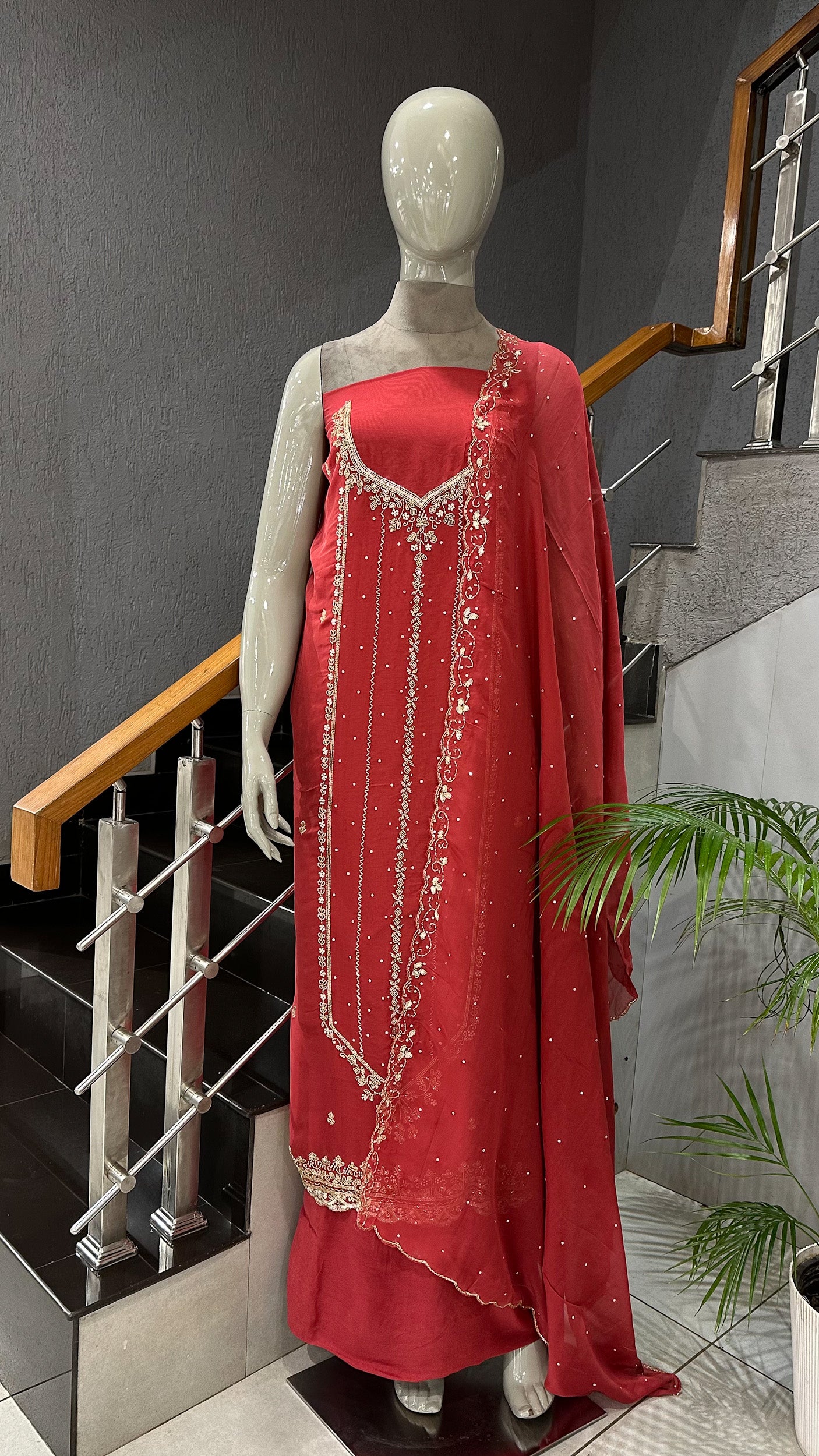 Royal Red Organza Unstitched Churidar Set with Antique Cut Beads & Sequin Handwork Dupatta