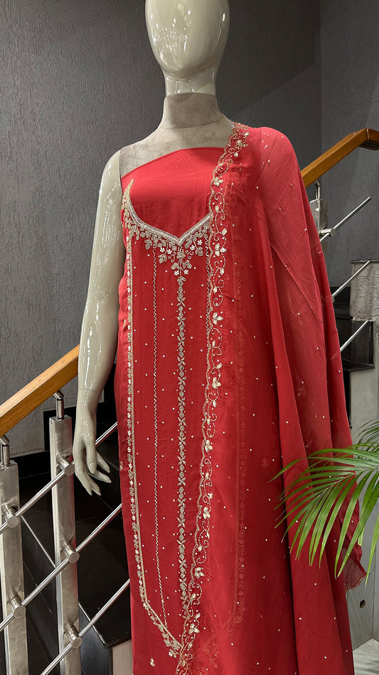 Royal Red Organza Unstitched Churidar Set with Antique Cut Beads & Sequin Handwork Dupatta