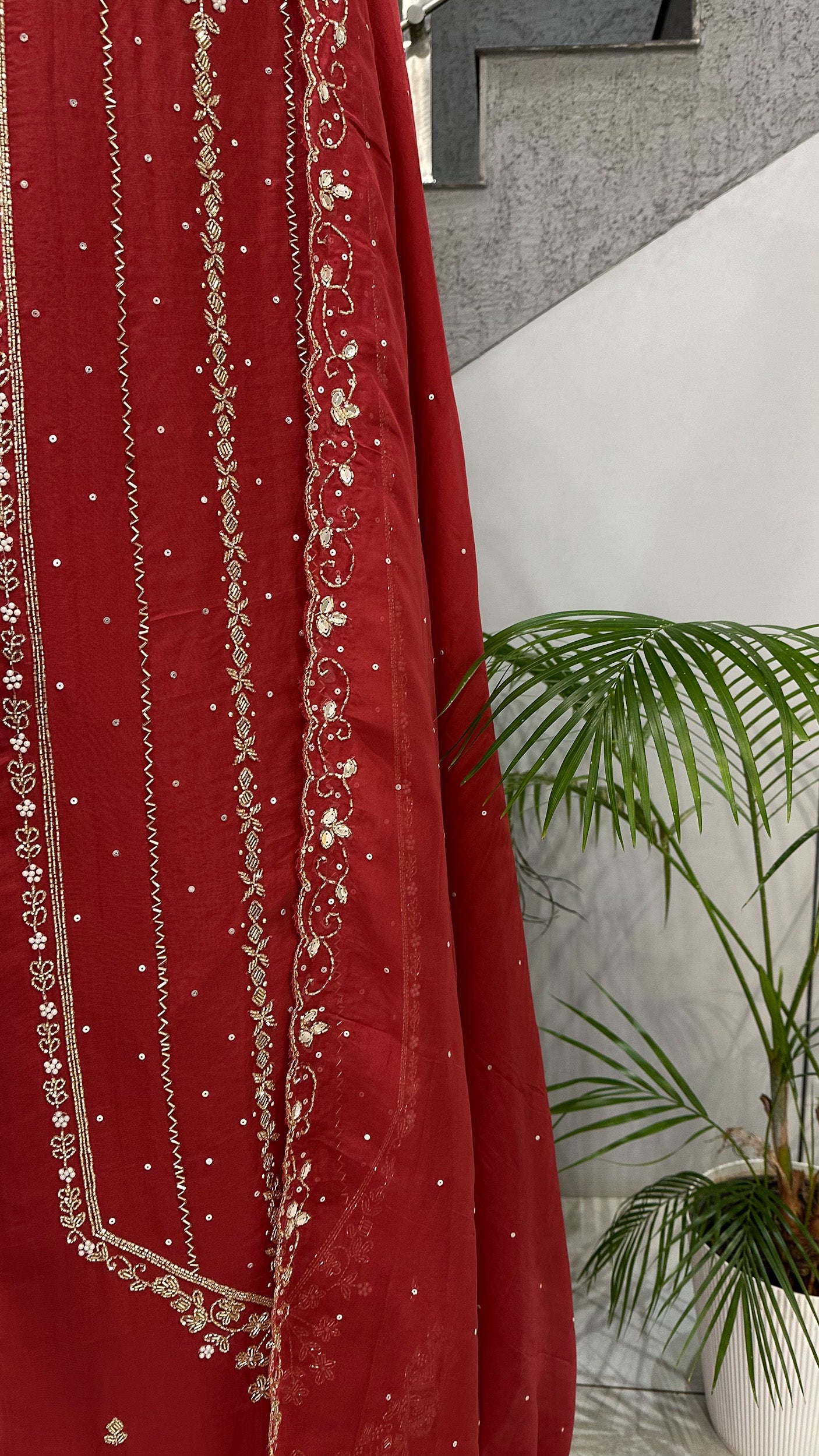 Royal Red Organza Unstitched Churidar Set with Antique Cut Beads & Sequin Handwork Dupatta
