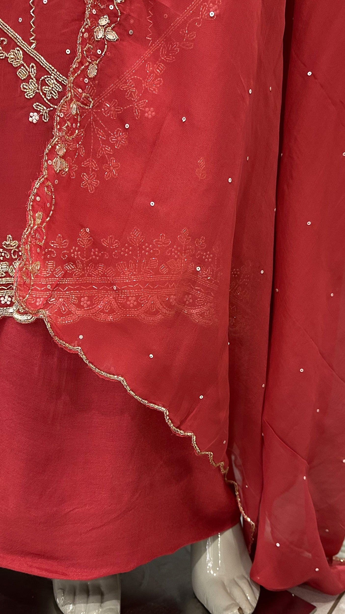 Royal Red Organza Unstitched Churidar Set with Antique Cut Beads & Sequin Handwork Dupatta