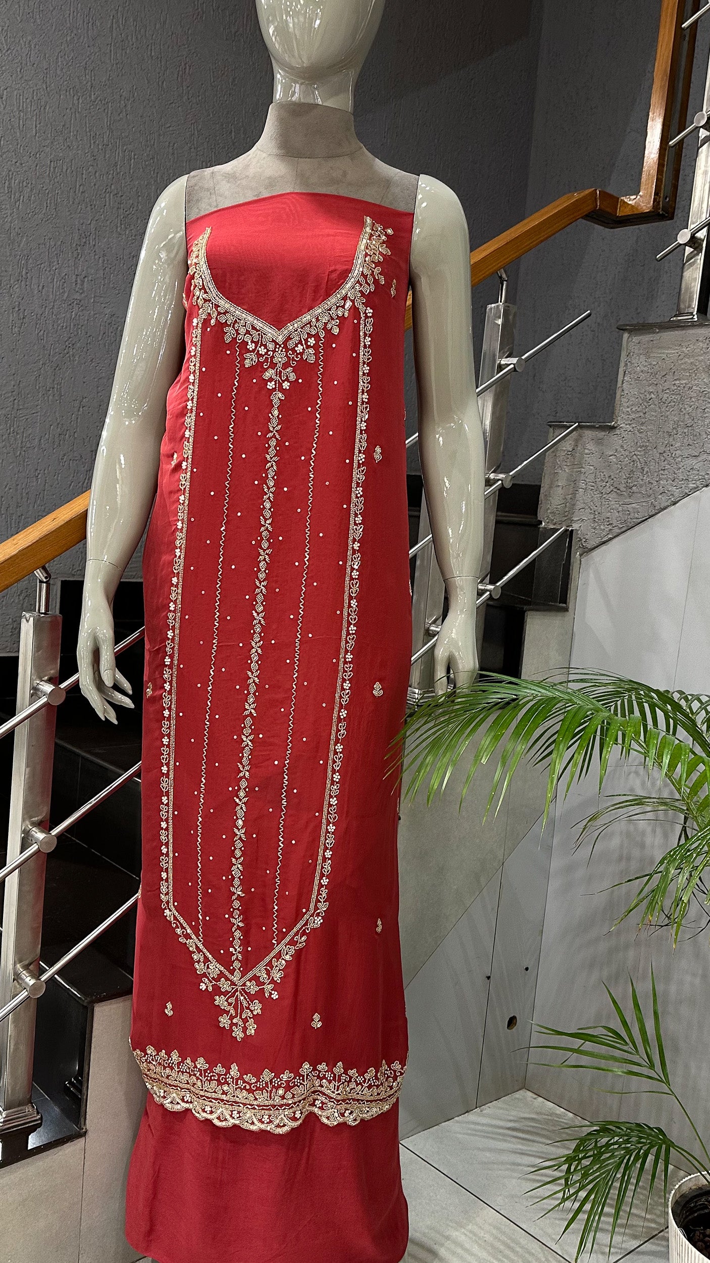 Royal Red Organza Unstitched Churidar Set with Antique Cut Beads & Sequin Handwork Dupatta