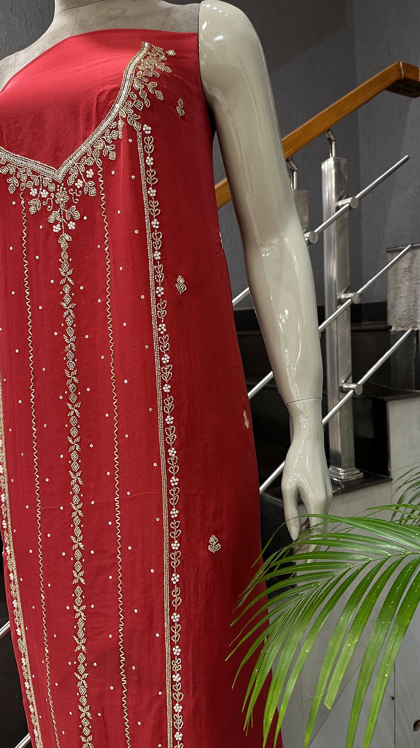 Royal Red Organza Unstitched Churidar Set with Antique Cut Beads & Sequin Handwork Dupatta