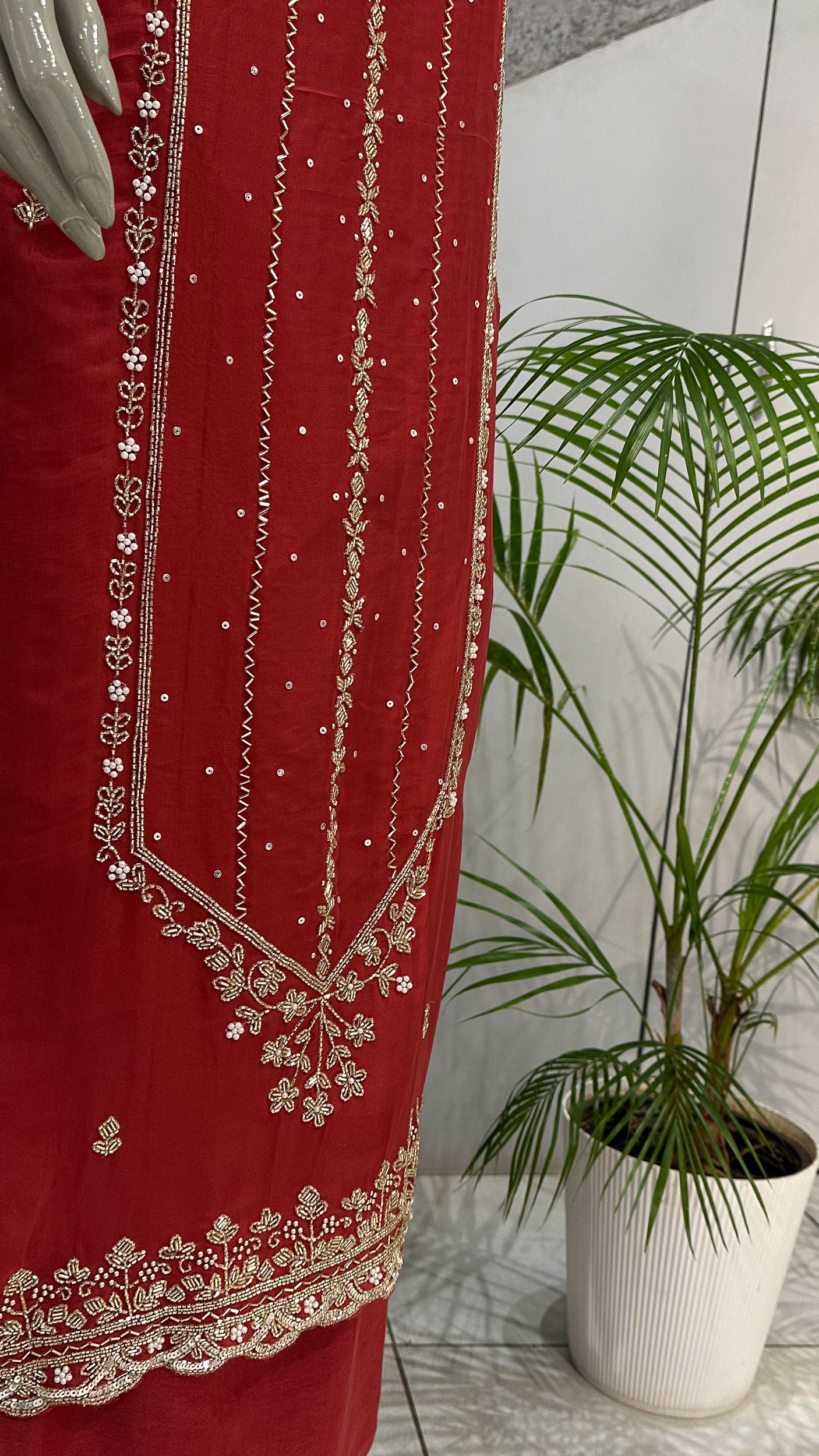 Royal Red Organza Unstitched Churidar Set with Antique Cut Beads & Sequin Handwork Dupatta