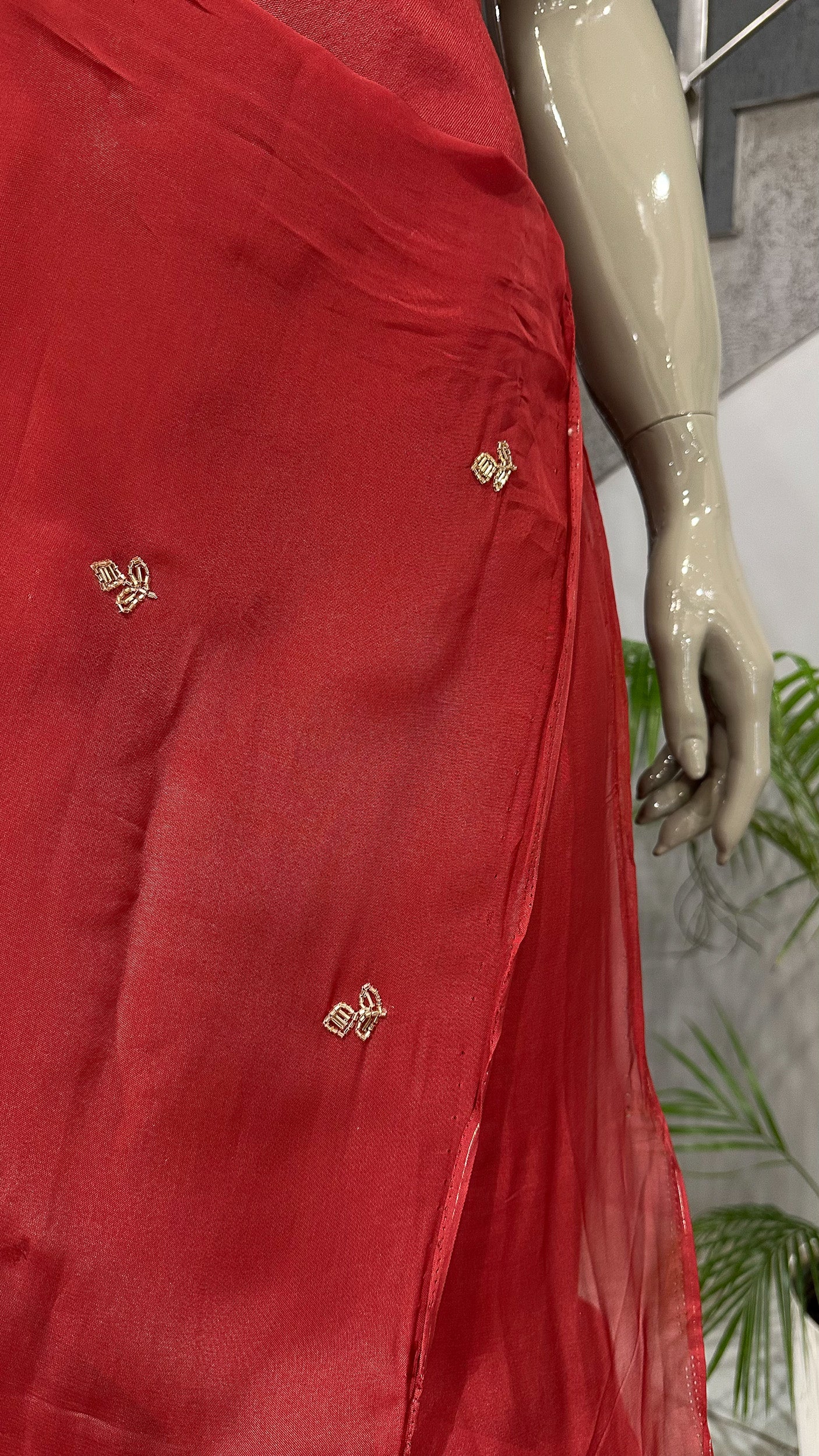 Royal Red Organza Unstitched Churidar Set with Antique Cut Beads & Sequin Handwork Dupatta
