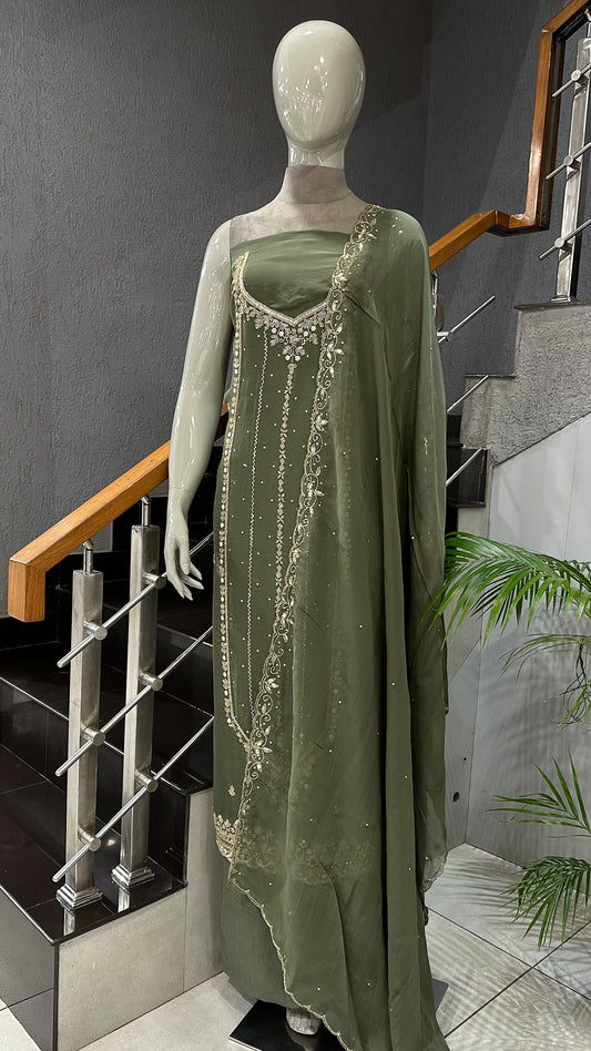 Olive Green Organza Unstitched Churidar Set with Antique Cut Beads & Sequin Handwork Dupatta