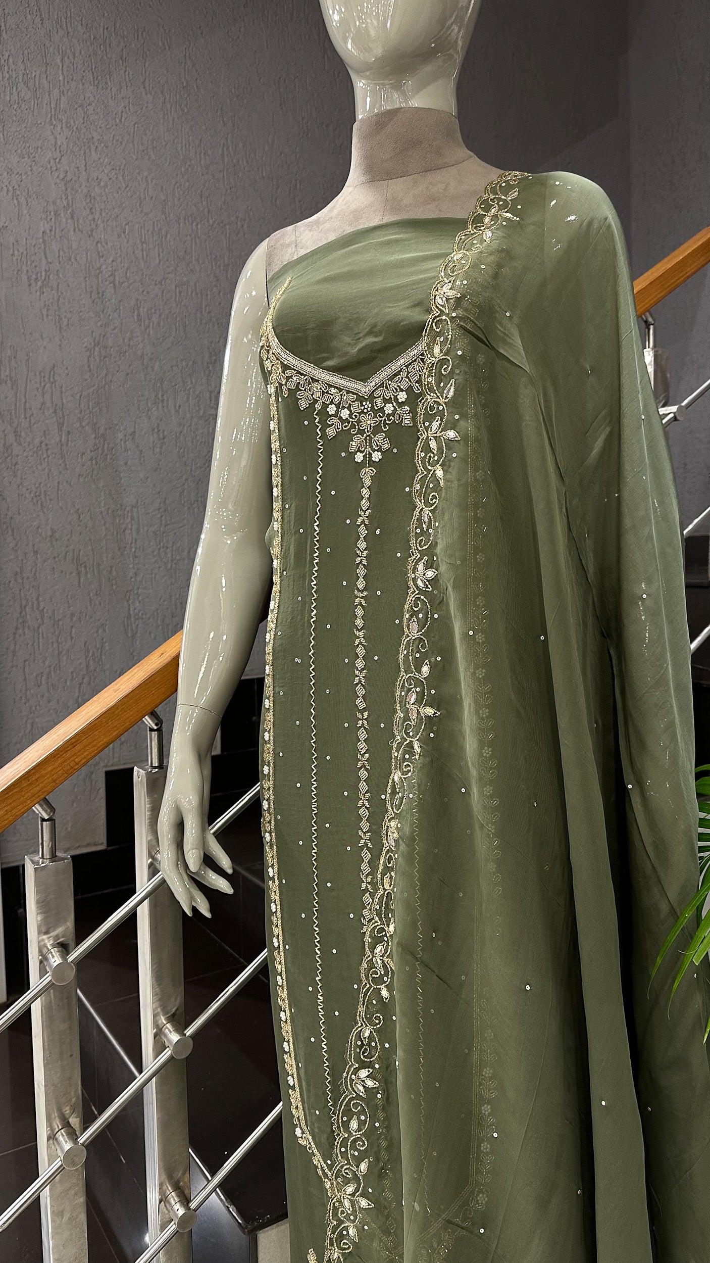 Olive Green Organza Unstitched Churidar Set with Antique Cut Beads & Sequin Handwork Dupatta