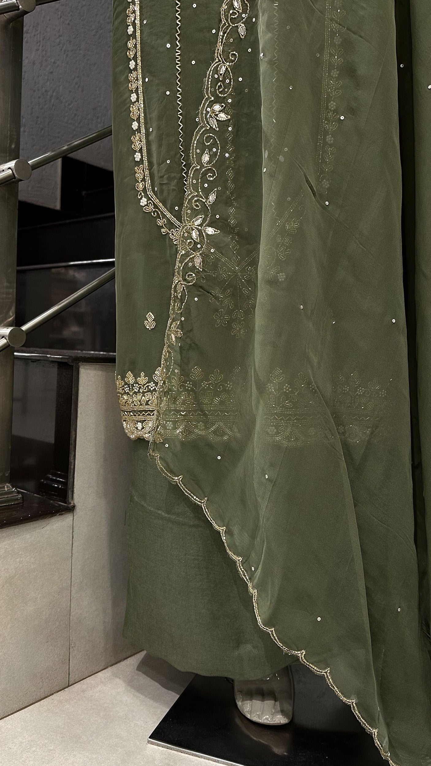 Olive Green Organza Unstitched Churidar Set with Antique Cut Beads & Sequin Handwork Dupatta