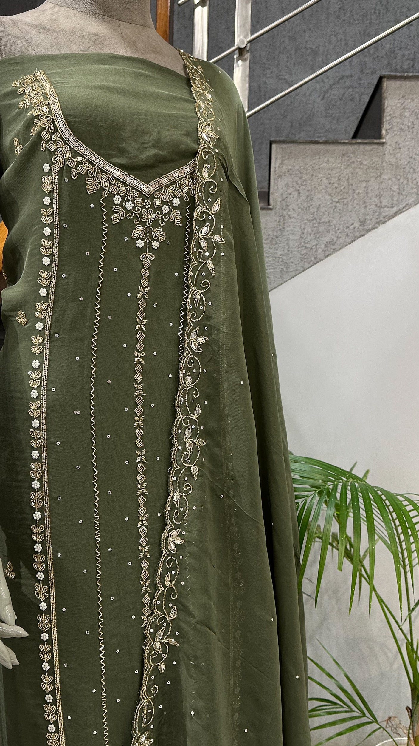 Olive Green Organza Unstitched Churidar Set with Antique Cut Beads & Sequin Handwork Dupatta