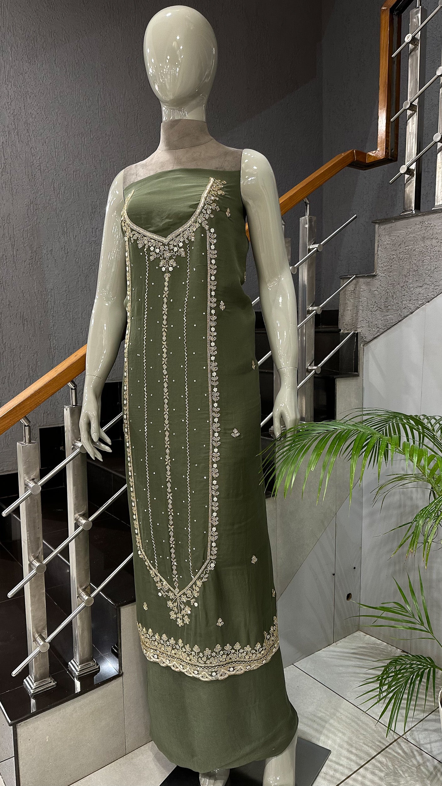 Olive Green Organza Unstitched Churidar Set with Antique Cut Beads & Sequin Handwork Dupatta