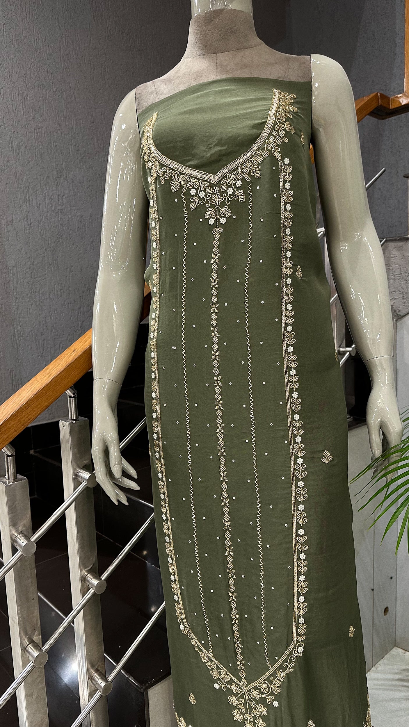 Olive Green Organza Unstitched Churidar Set with Antique Cut Beads & Sequin Handwork Dupatta