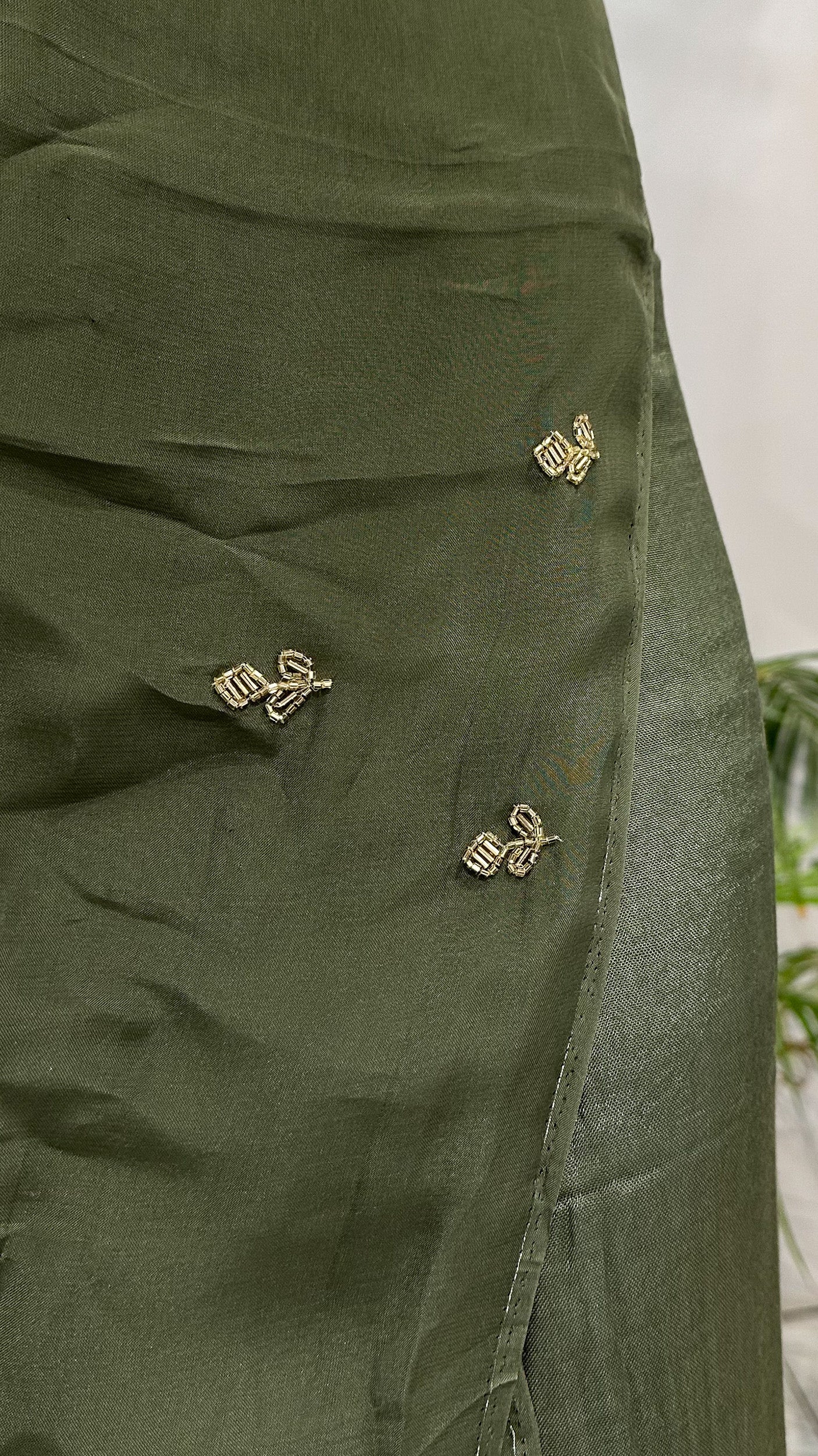 Olive Green Organza Unstitched Churidar Set with Antique Cut Beads & Sequin Handwork Dupatta