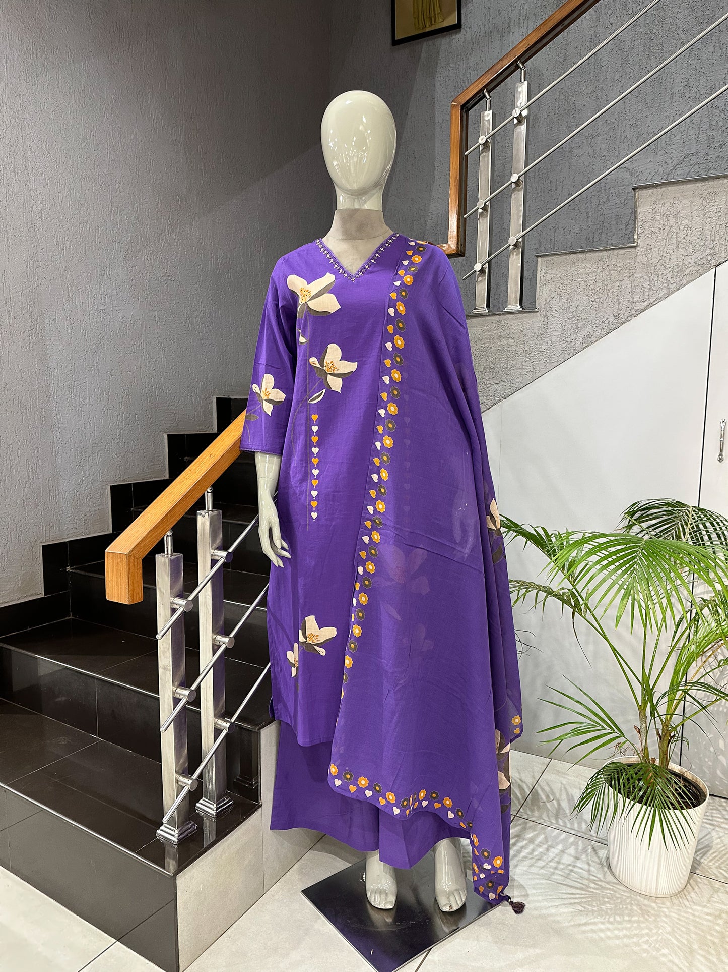 Royal Purple Cotton Churidar Set with Floral Print & Designer Dupatta