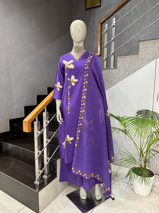 Royal Purple Cotton Churidar Set with Floral Print & Designer Dupatta