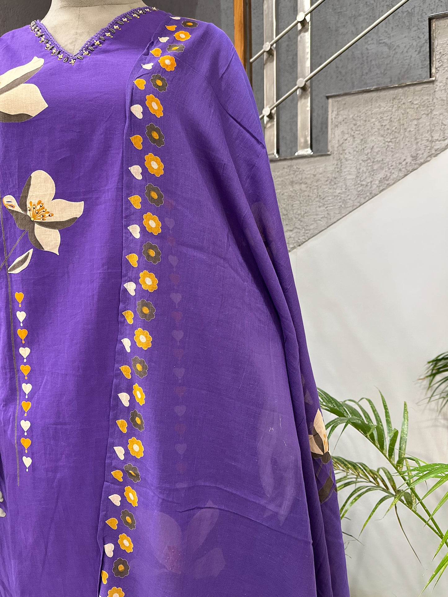 Royal Purple Cotton Churidar Set with Floral Print & Designer Dupatta