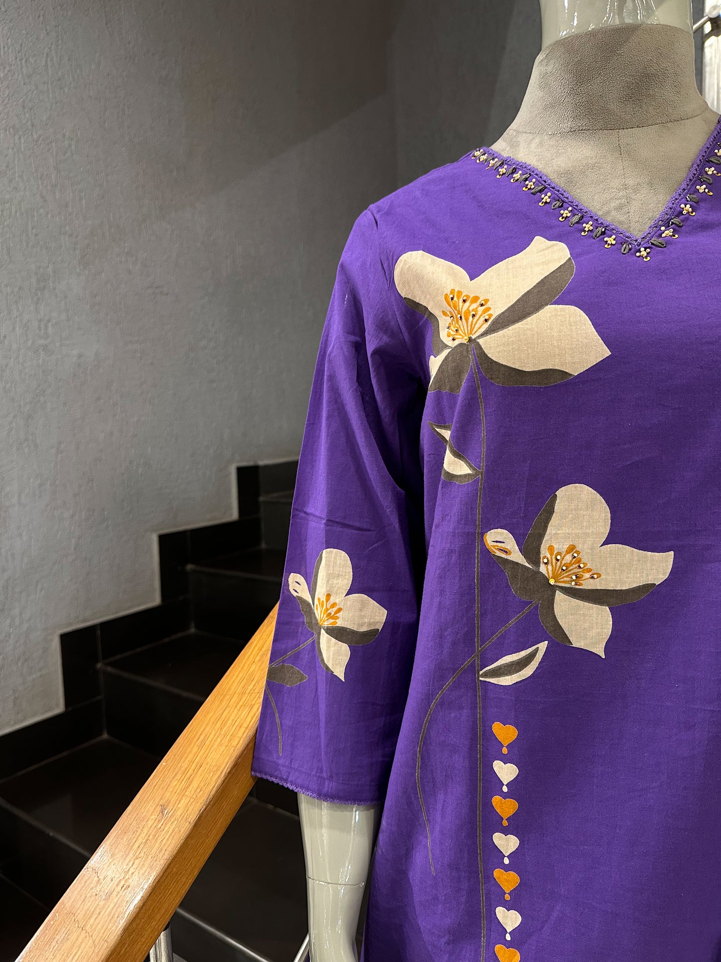 Royal Purple Cotton Churidar Set with Floral Print & Designer Dupatta