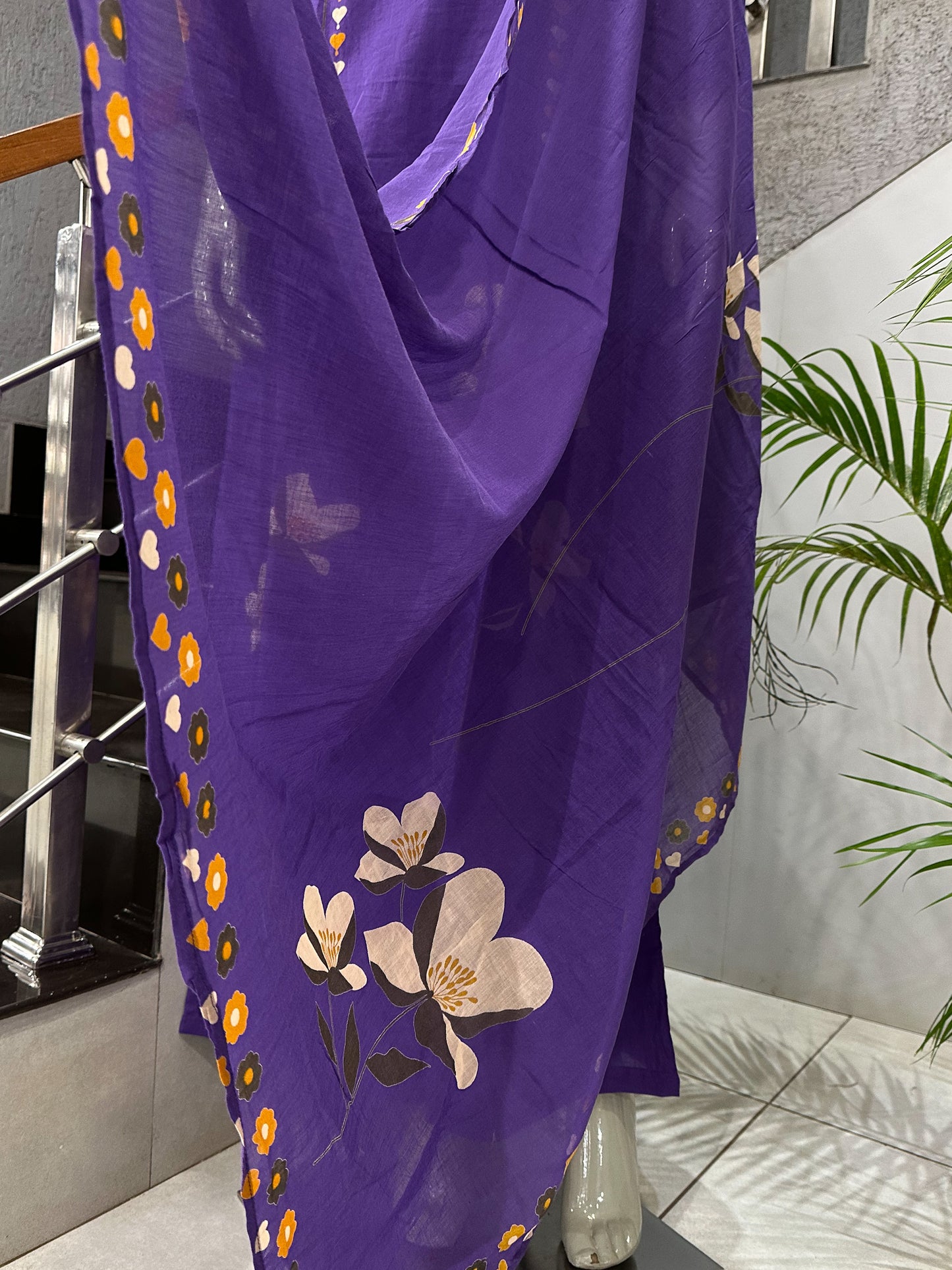 Royal Purple Cotton Churidar Set with Floral Print & Designer Dupatta