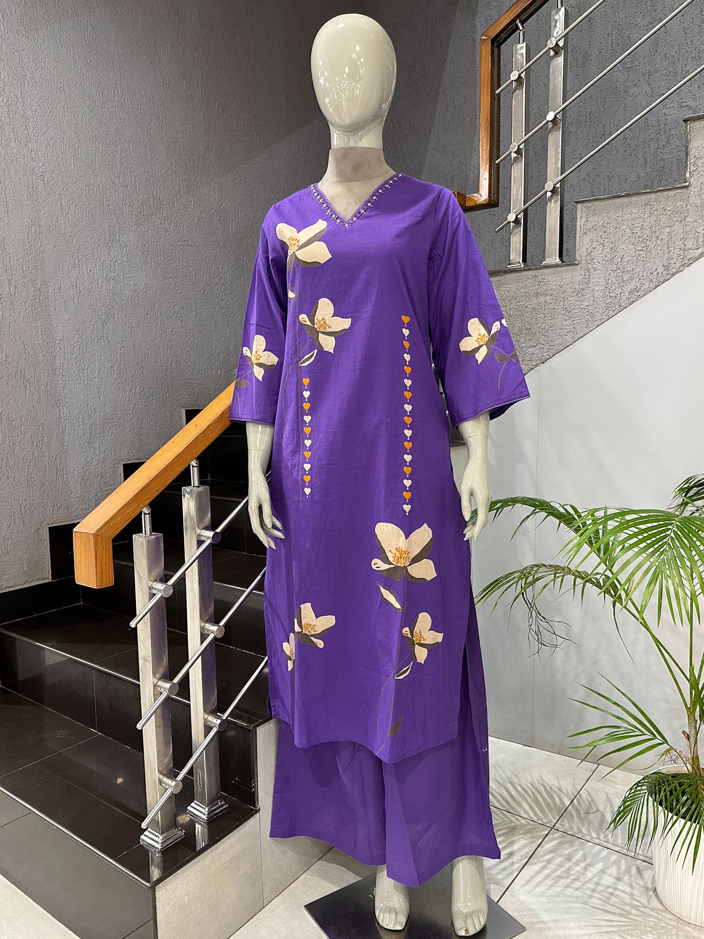 Royal Purple Cotton Churidar Set with Floral Print & Designer Dupatta