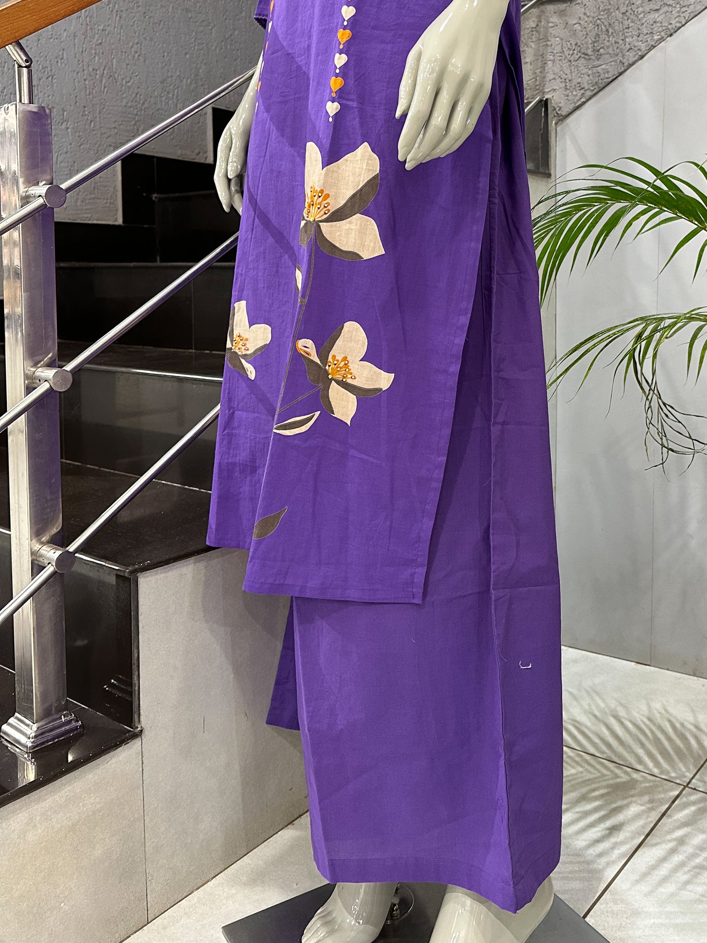 Royal Purple Cotton Churidar Set with Floral Print & Designer Dupatta