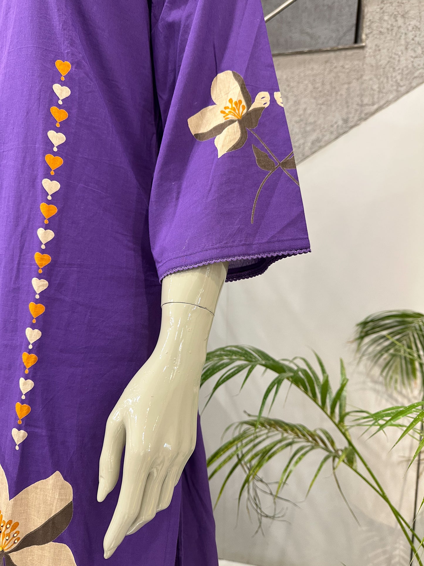 Royal Purple Cotton Churidar Set with Floral Print & Designer Dupatta
