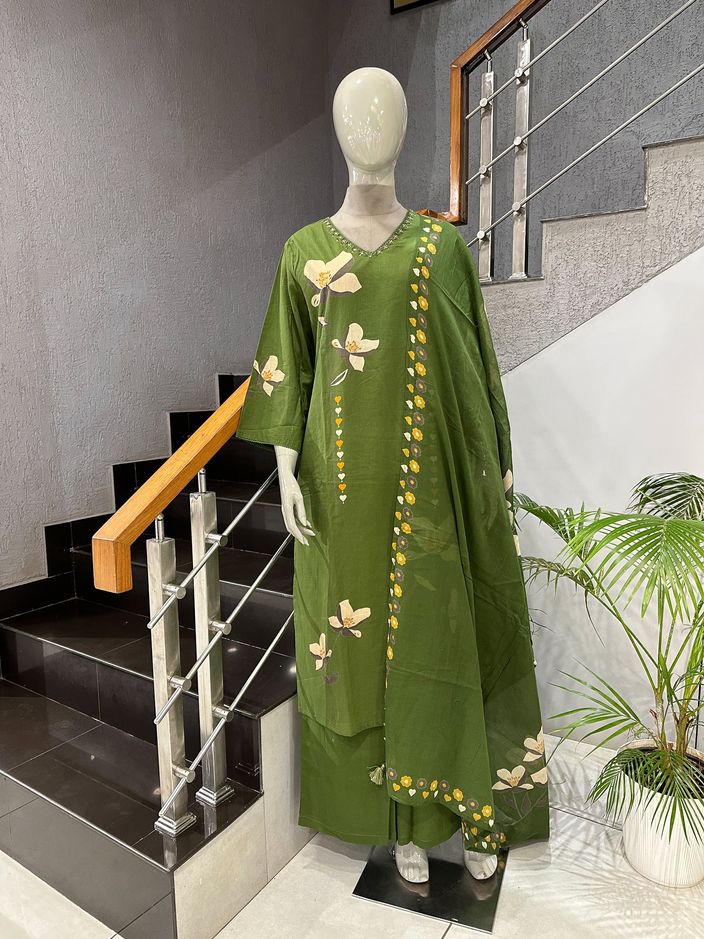 Olive Green Cotton Churidar Set with Floral Print & Elegant DupattaA