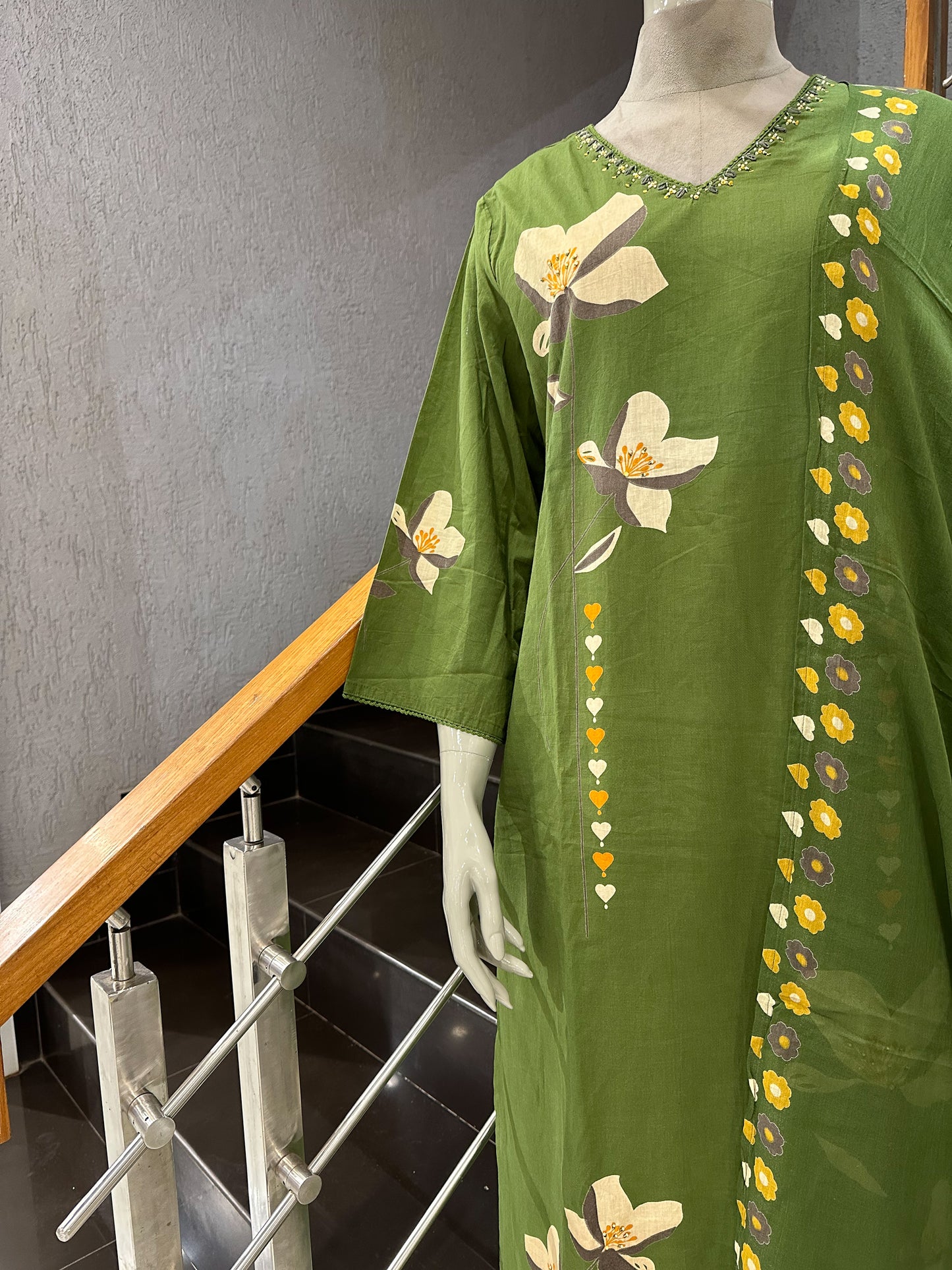 Olive Green Cotton Churidar Set with Floral Print & Elegant DupattaA