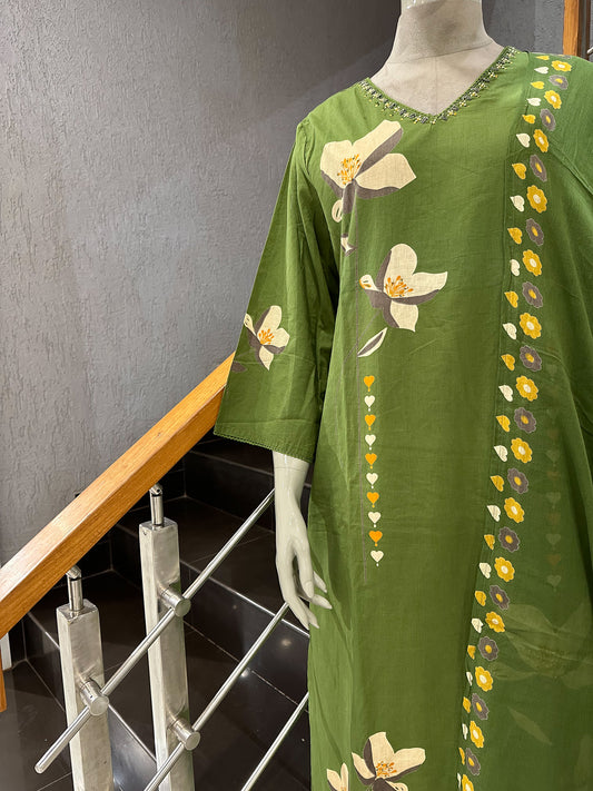 Olive Green Cotton Churidar Set with Floral Print & Elegant DupattaA