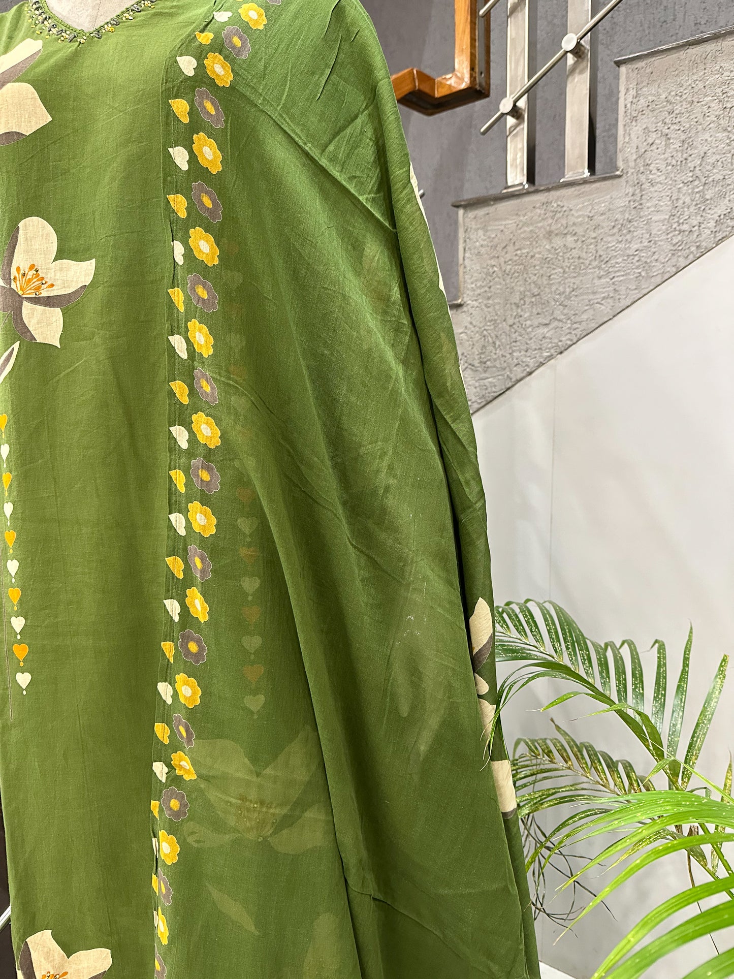 Olive Green Cotton Churidar Set with Floral Print & Elegant DupattaA