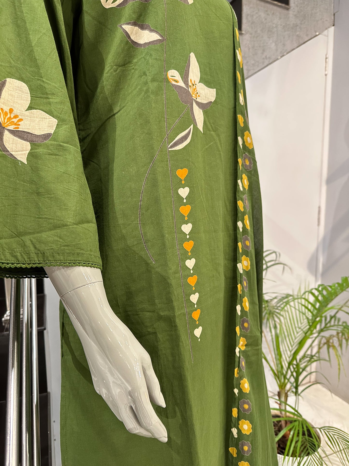 Olive Green Cotton Churidar Set with Floral Print & Elegant DupattaA