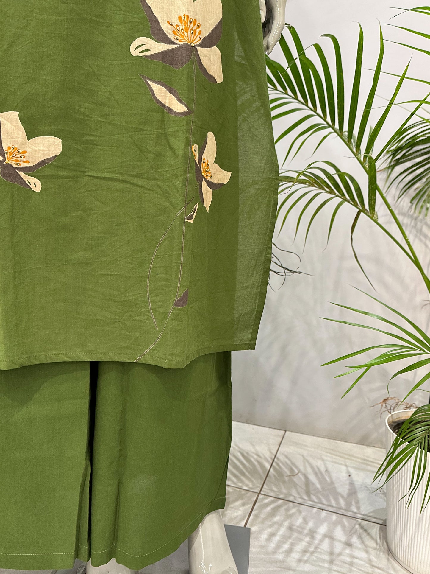 Olive Green Cotton Churidar Set with Floral Print & Elegant DupattaA