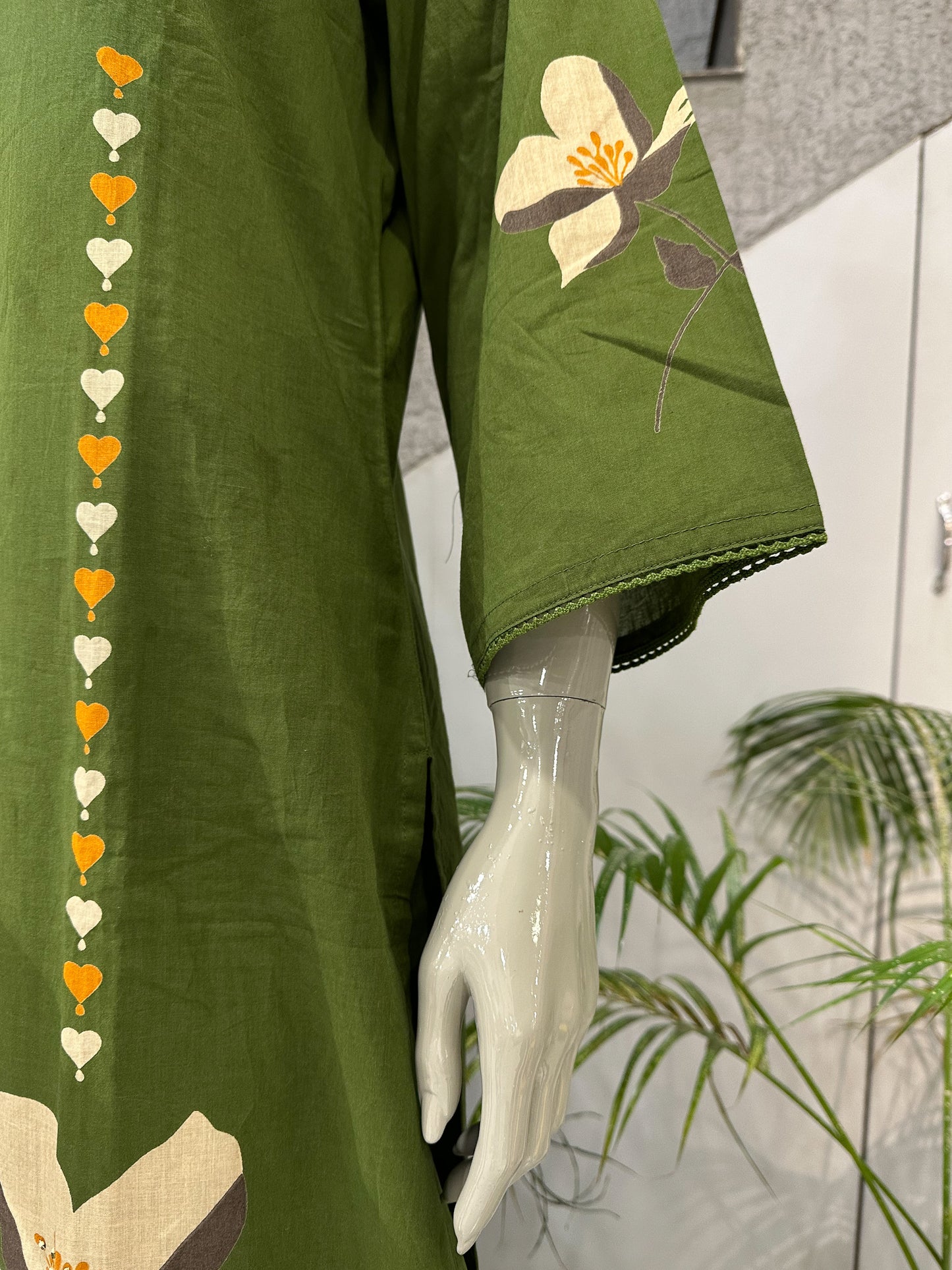 Olive Green Cotton Churidar Set with Floral Print & Elegant DupattaA