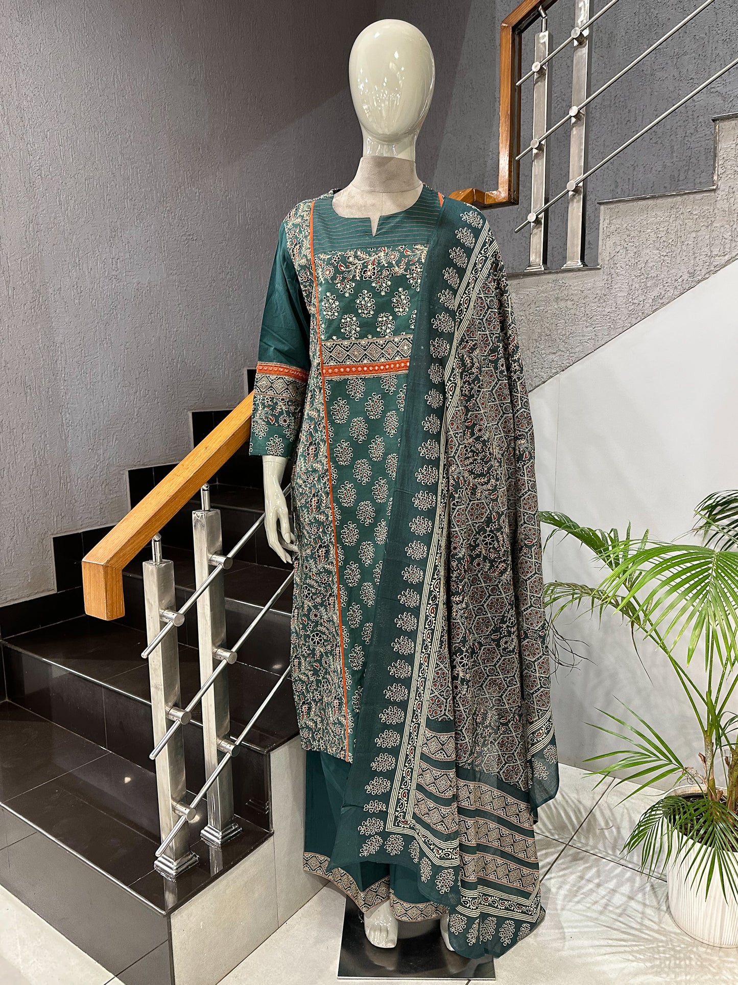 Dark Green Cotton Churidar Set with Ajrakh-Inspired Prints & Designer Dupatta