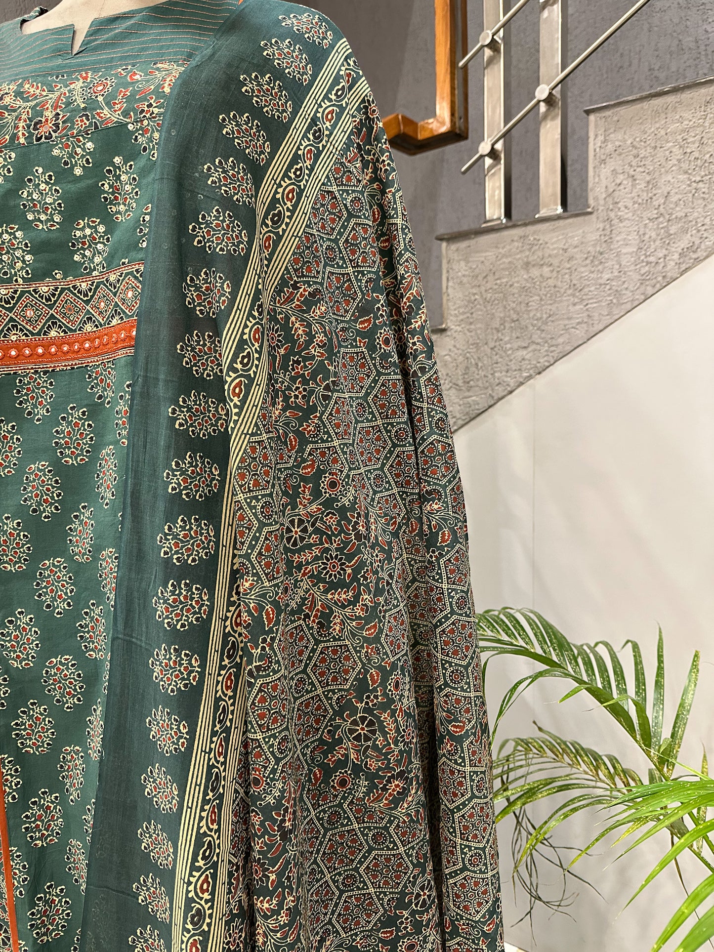 Dark Green Cotton Churidar Set with Ajrakh-Inspired Prints & Designer Dupatta