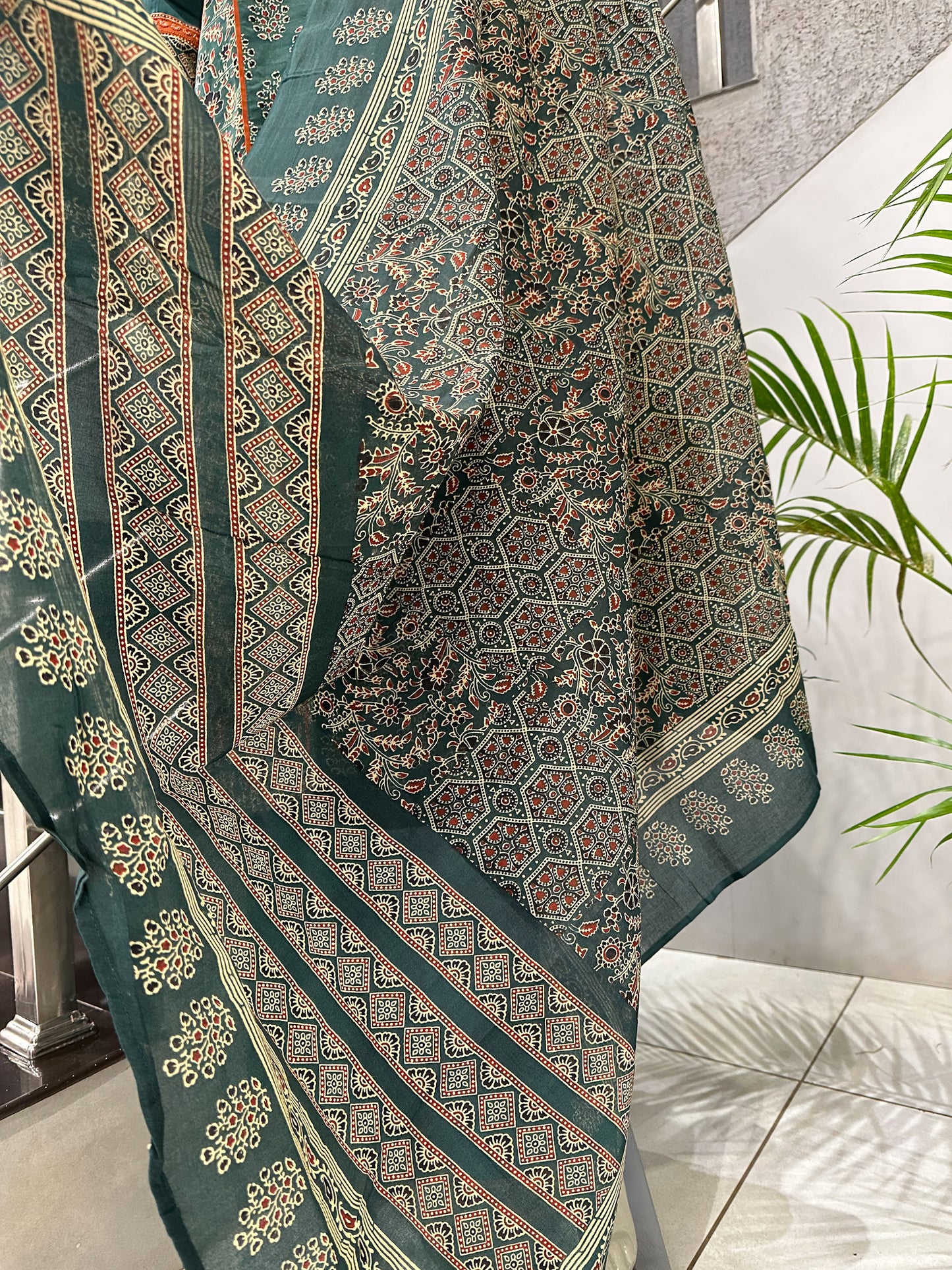 Dark Green Cotton Churidar Set with Ajrakh-Inspired Prints & Designer Dupatta