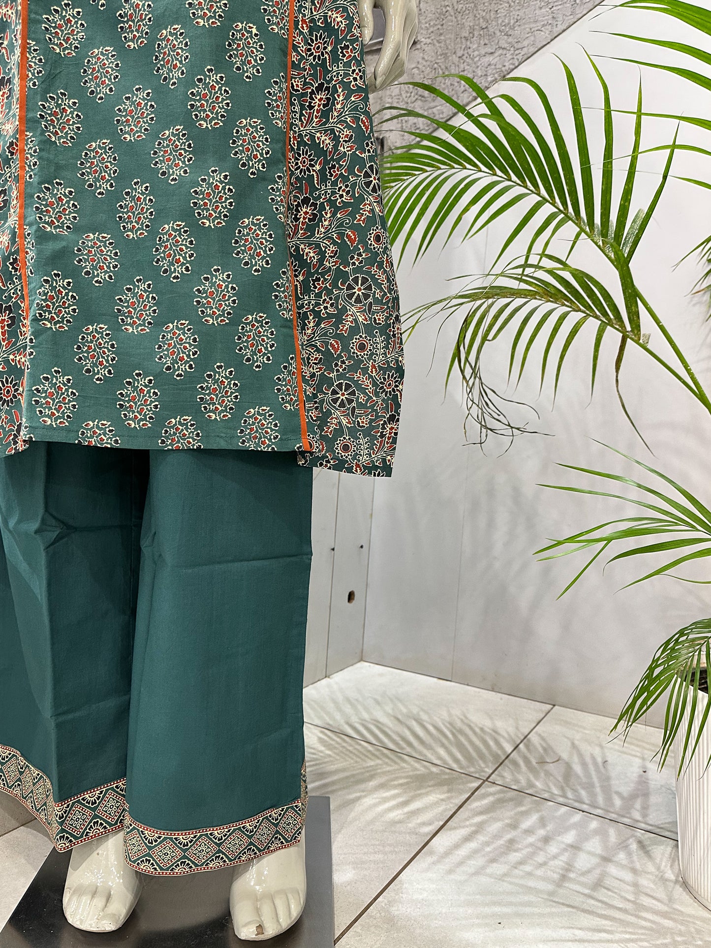Dark Green Cotton Churidar Set with Ajrakh-Inspired Prints & Designer Dupatta