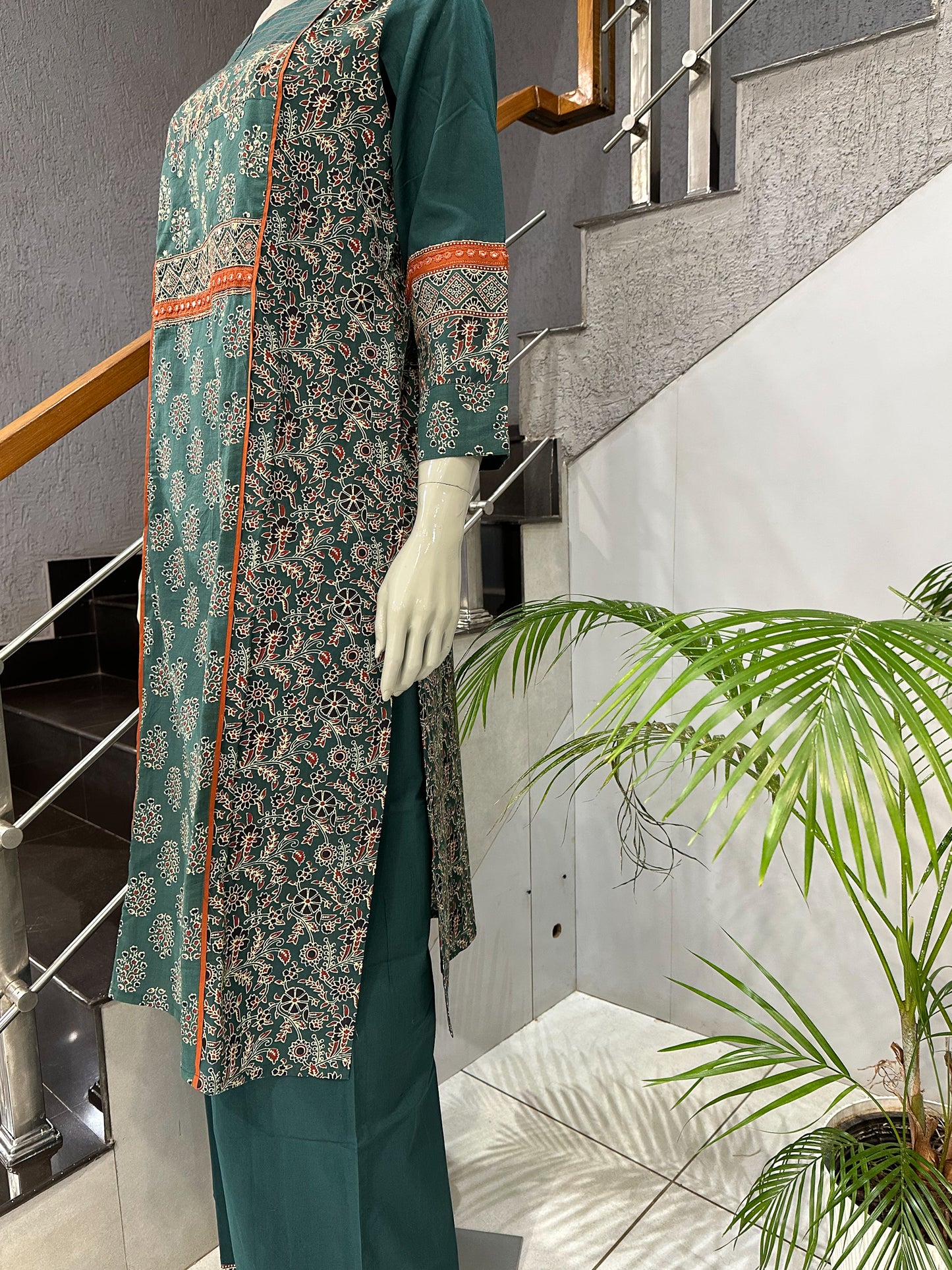 Dark Green Cotton Churidar Set with Ajrakh-Inspired Prints & Designer Dupatta