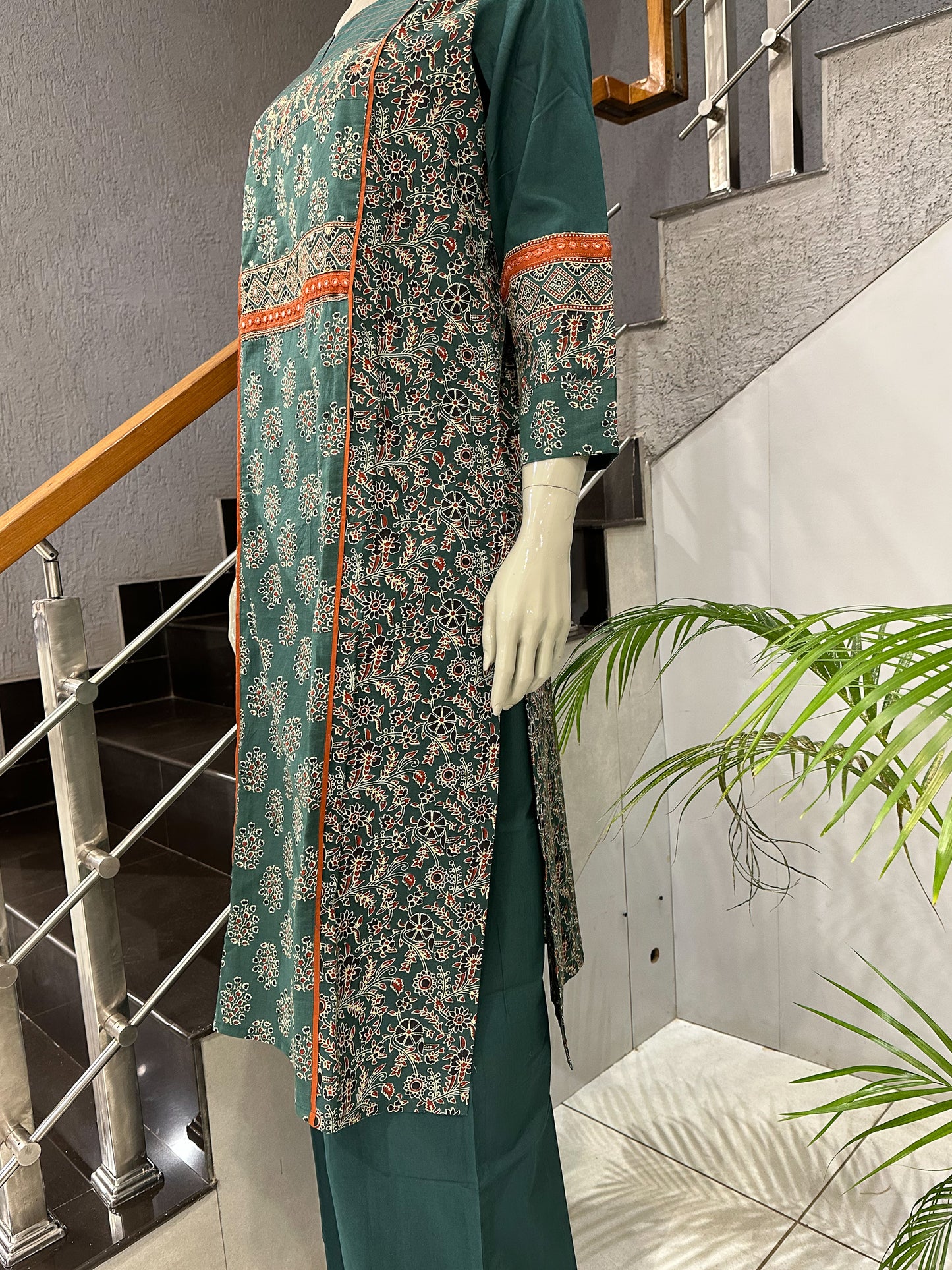 Dark Green Cotton Churidar Set with Ajrakh-Inspired Prints & Designer Dupatta