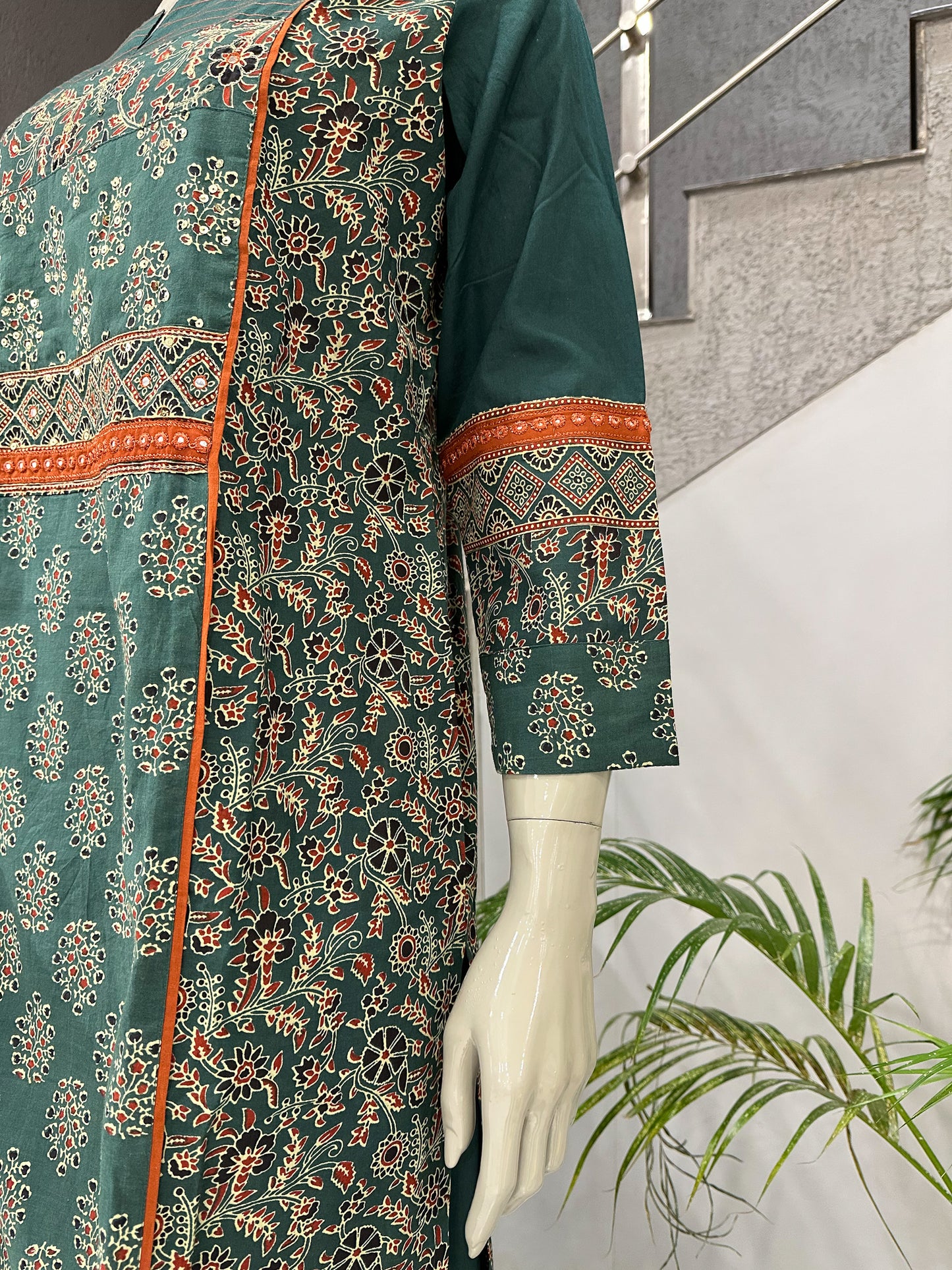 Dark Green Cotton Churidar Set with Ajrakh-Inspired Prints & Designer Dupatta