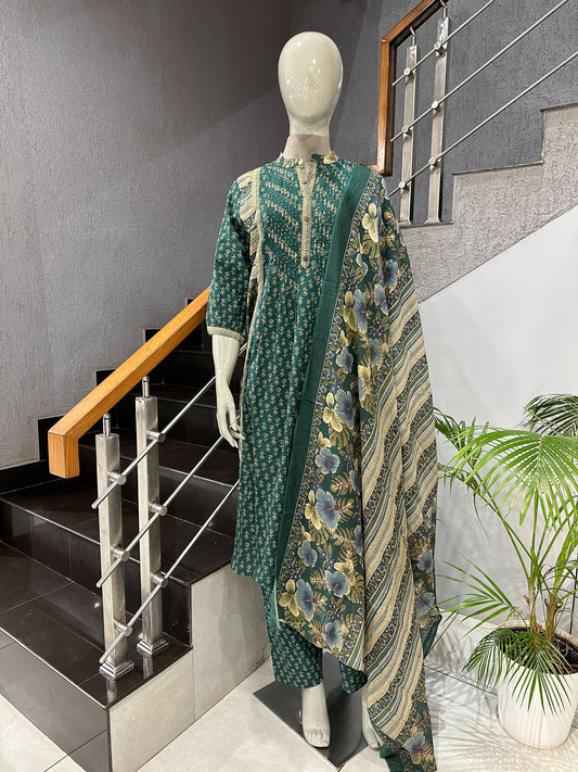 Elegant Green Cotton Churidar Set with Floral Dupatta & Pintuck Kurta Design