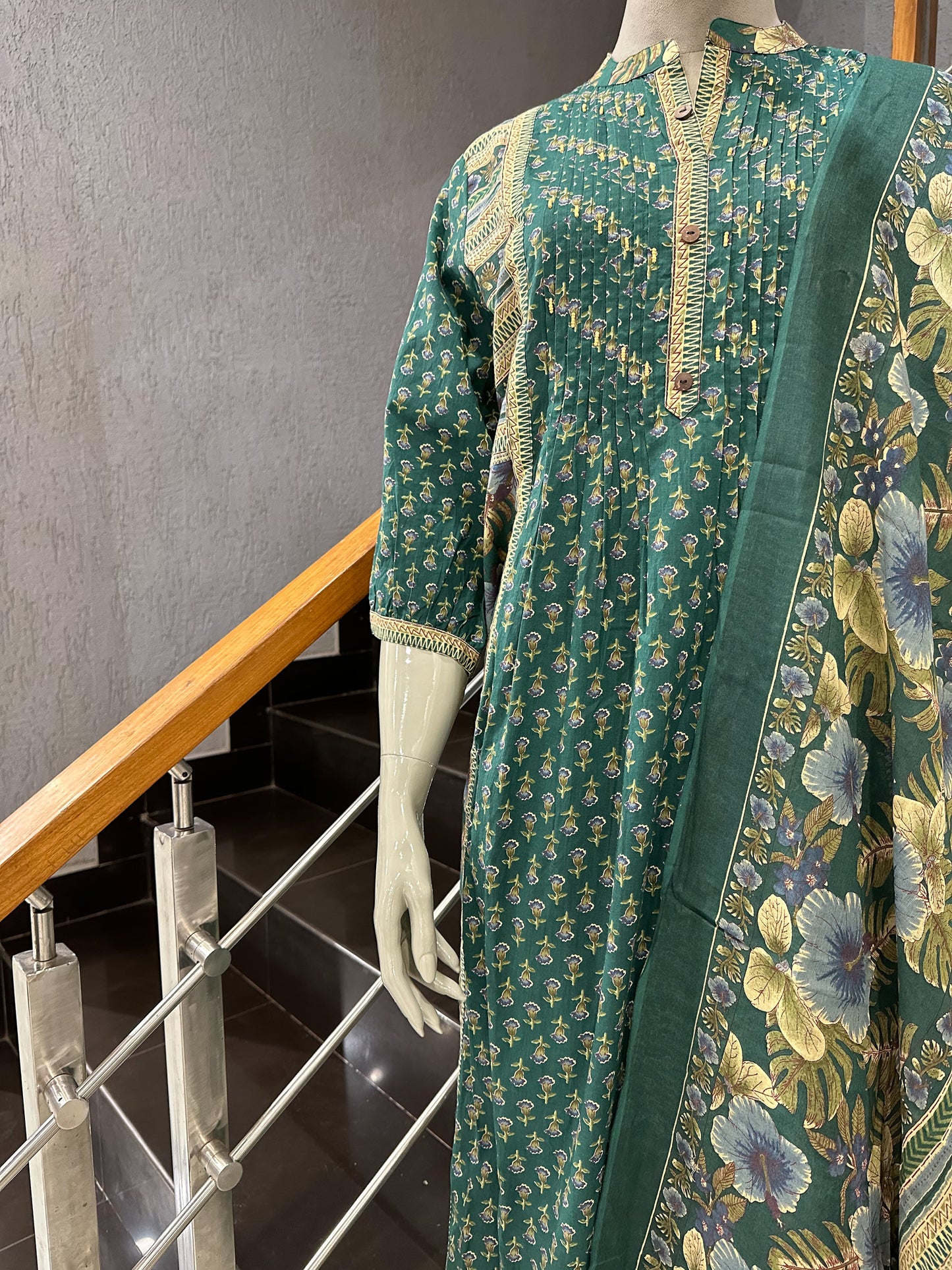 Elegant Green Cotton Churidar Set with Floral Dupatta & Pintuck Kurta Design