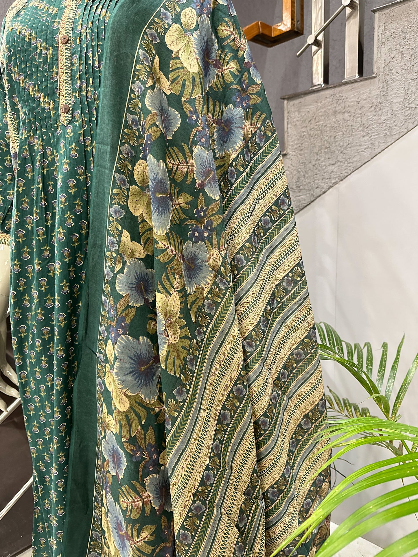 Elegant Green Cotton Churidar Set with Floral Dupatta & Pintuck Kurta Design