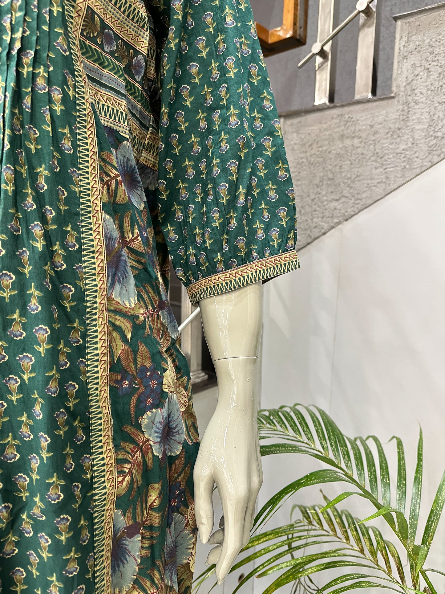 Elegant Green Cotton Churidar Set with Floral Dupatta & Pintuck Kurta Design